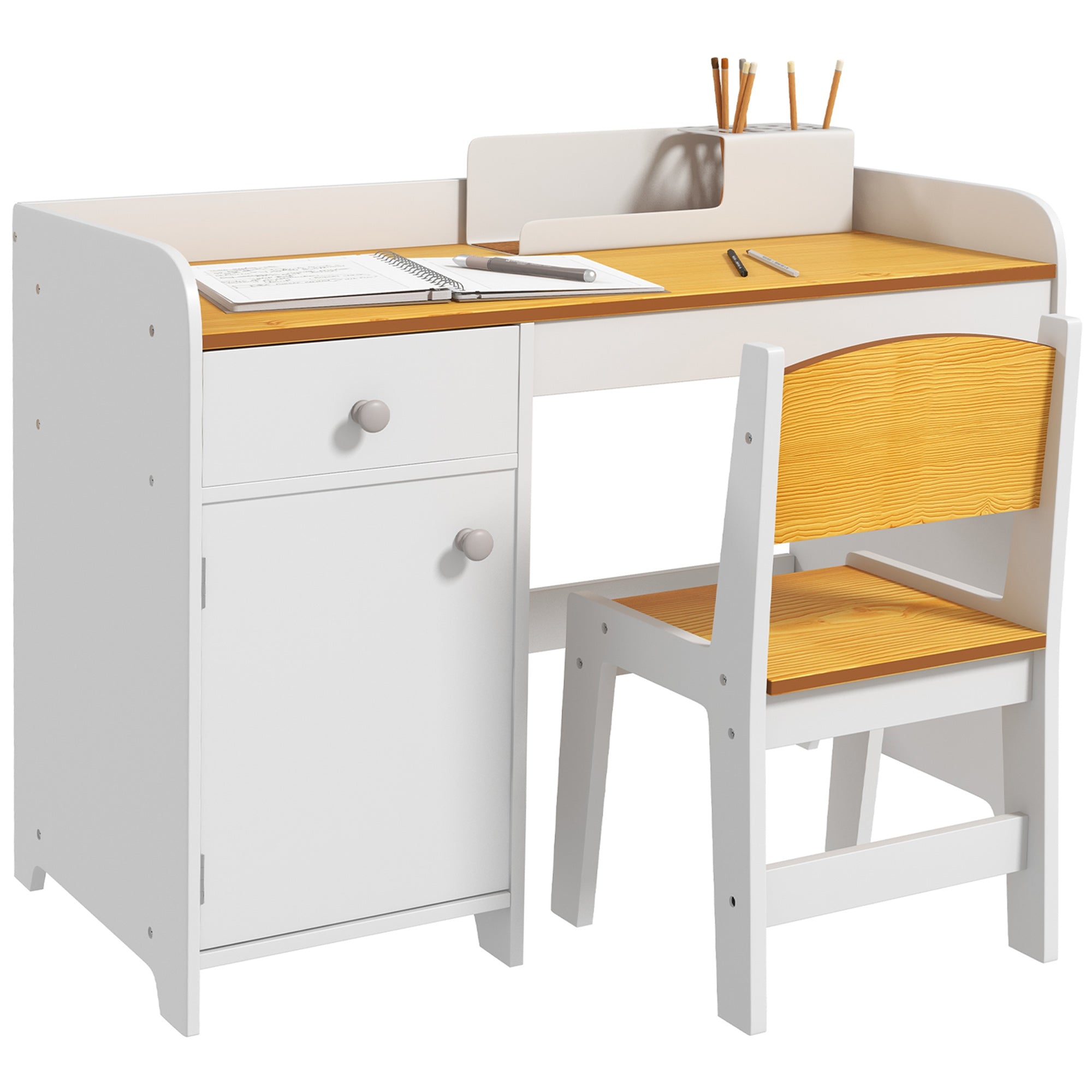 Conjunto de Secretária e Cadeira para Crianças - 80x39x59 cm - Branco e Natural