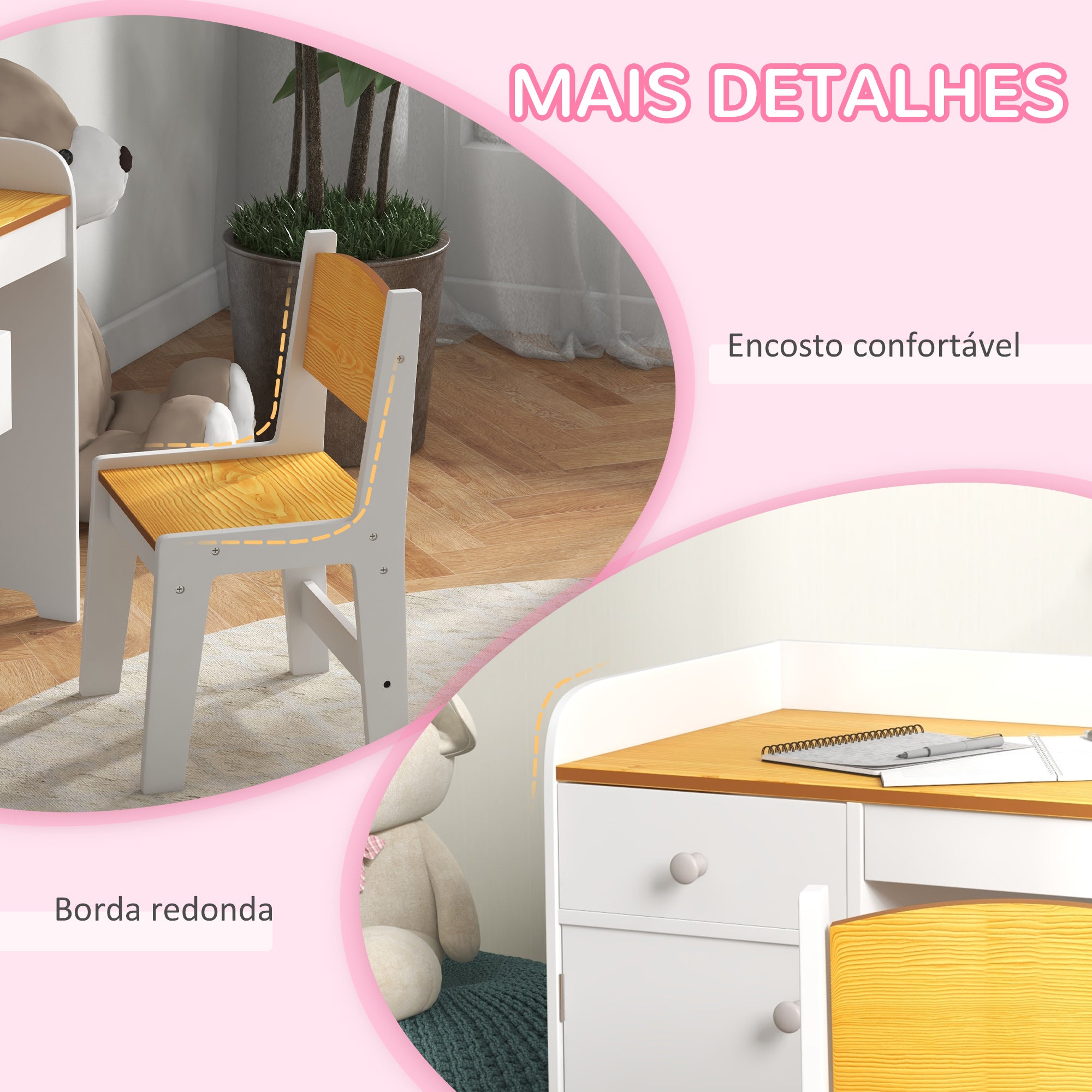 Conjunto de Secretária e Cadeira para Crianças - 80x39x59 cm - Branco e Natural