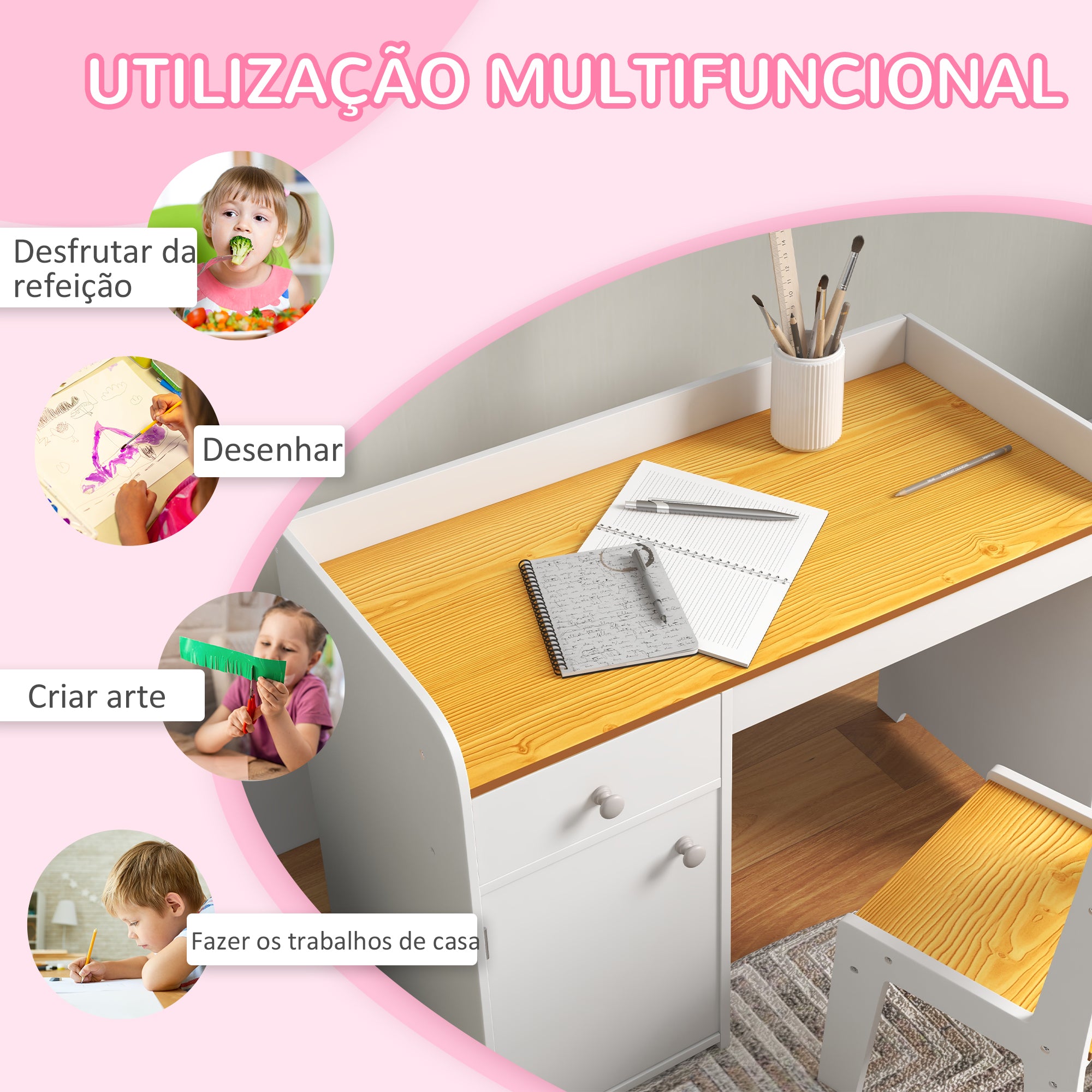 Conjunto de Secretária e Cadeira para Crianças - 80x39x59 cm - Branco e Natural