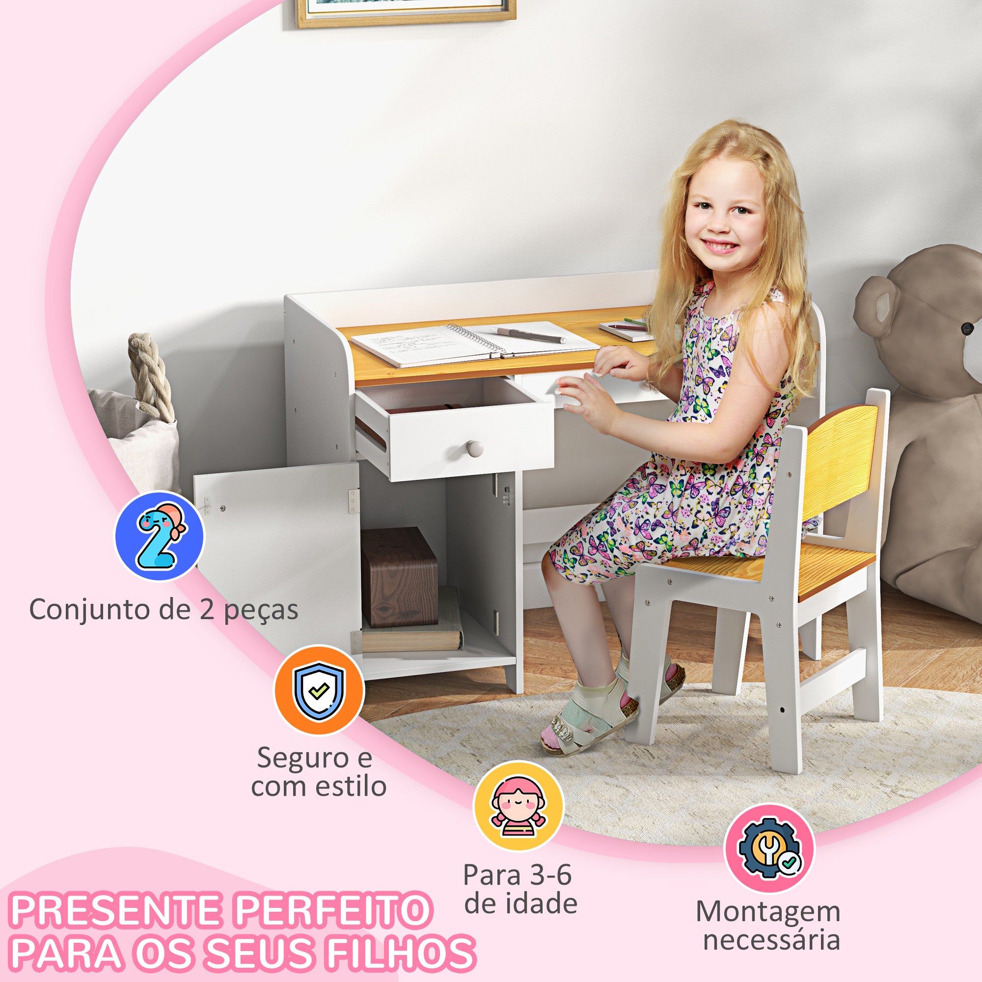 Conjunto de Secretária e Cadeira para Crianças - 80x39x59 cm - Branco e Natural