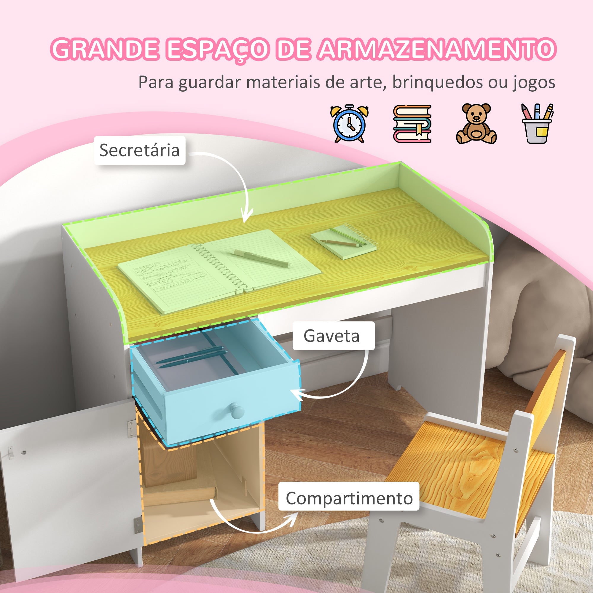 Conjunto de Secretária e Cadeira para Crianças - 80x39x59 cm - Branco e Natural