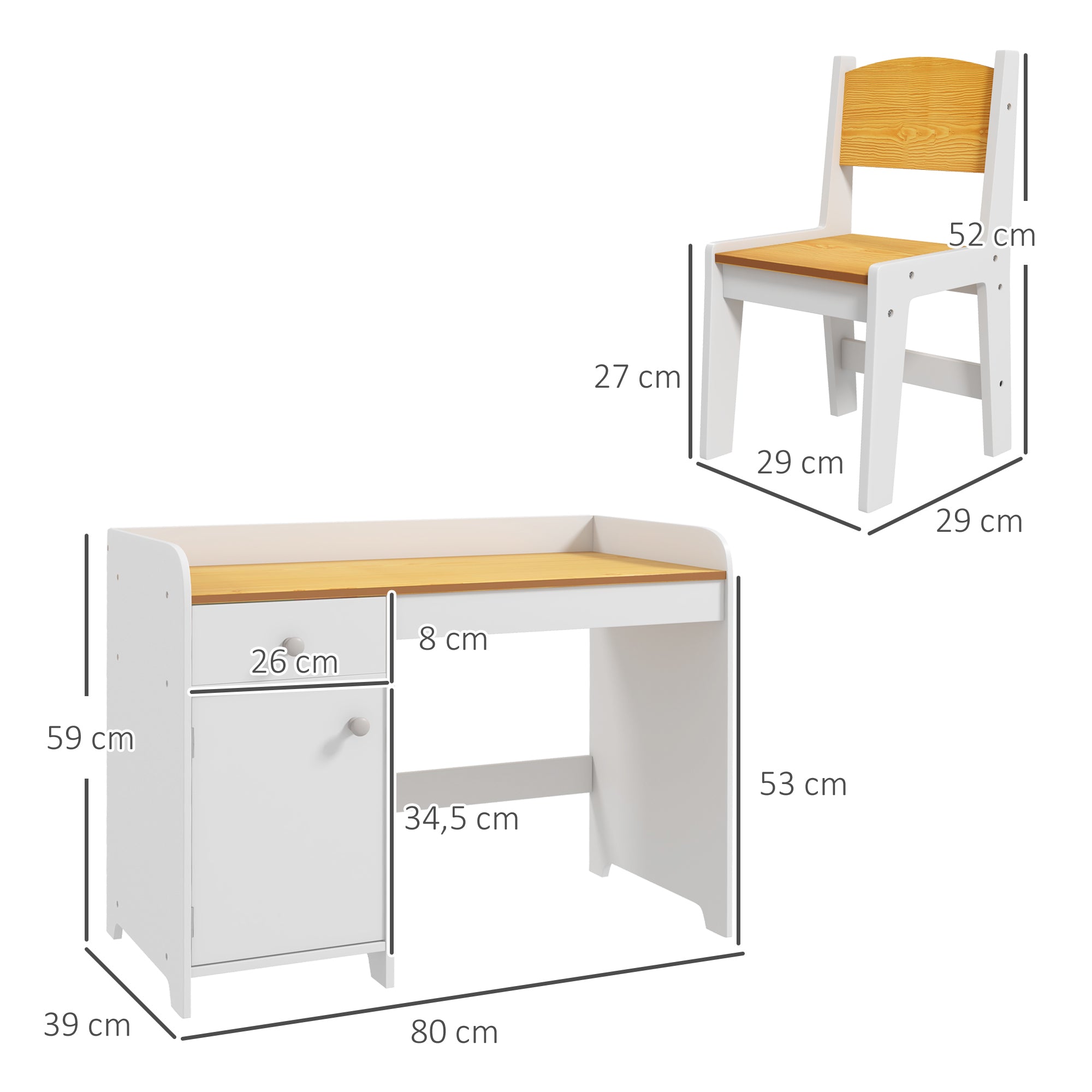 Conjunto de Secretária e Cadeira para Crianças - 80x39x59 cm - Branco e Natural
