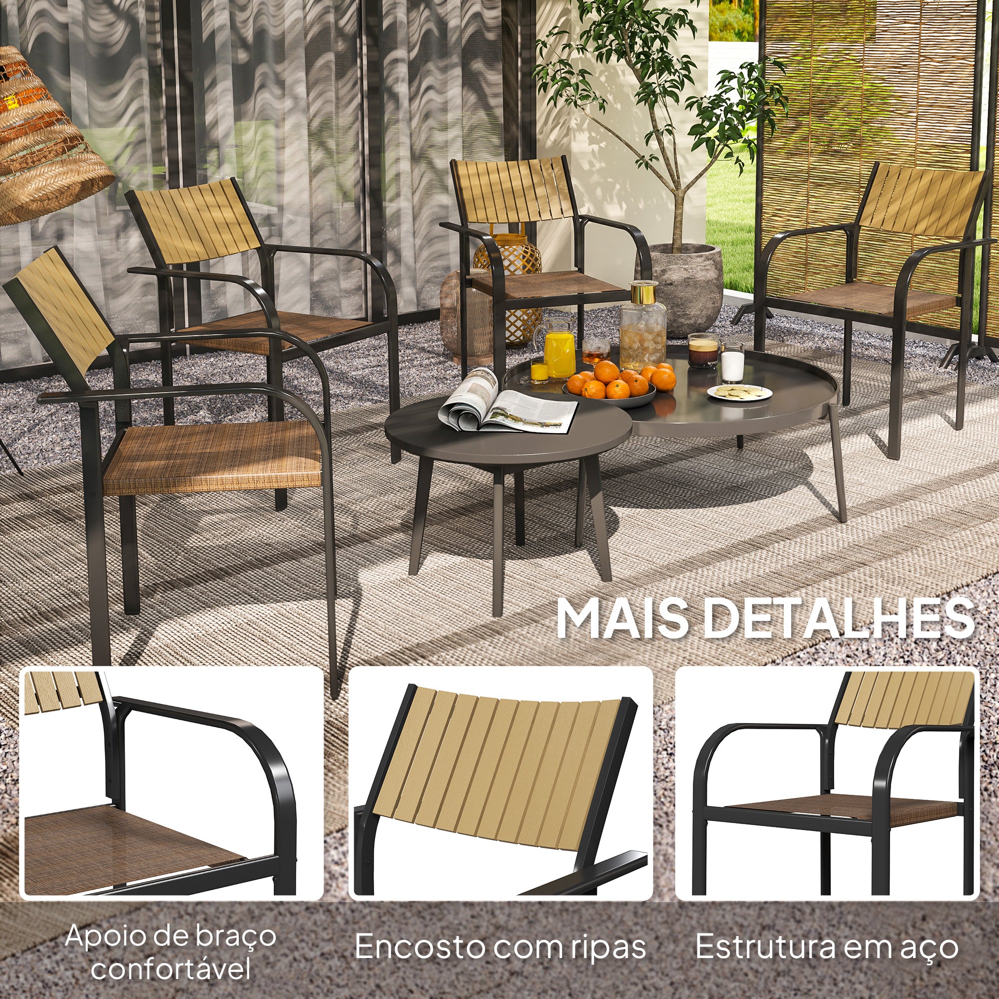 Conjunto de 4 Cadeiras de Jardim Empilháveis 58x65x85 cm - Cor Marrom