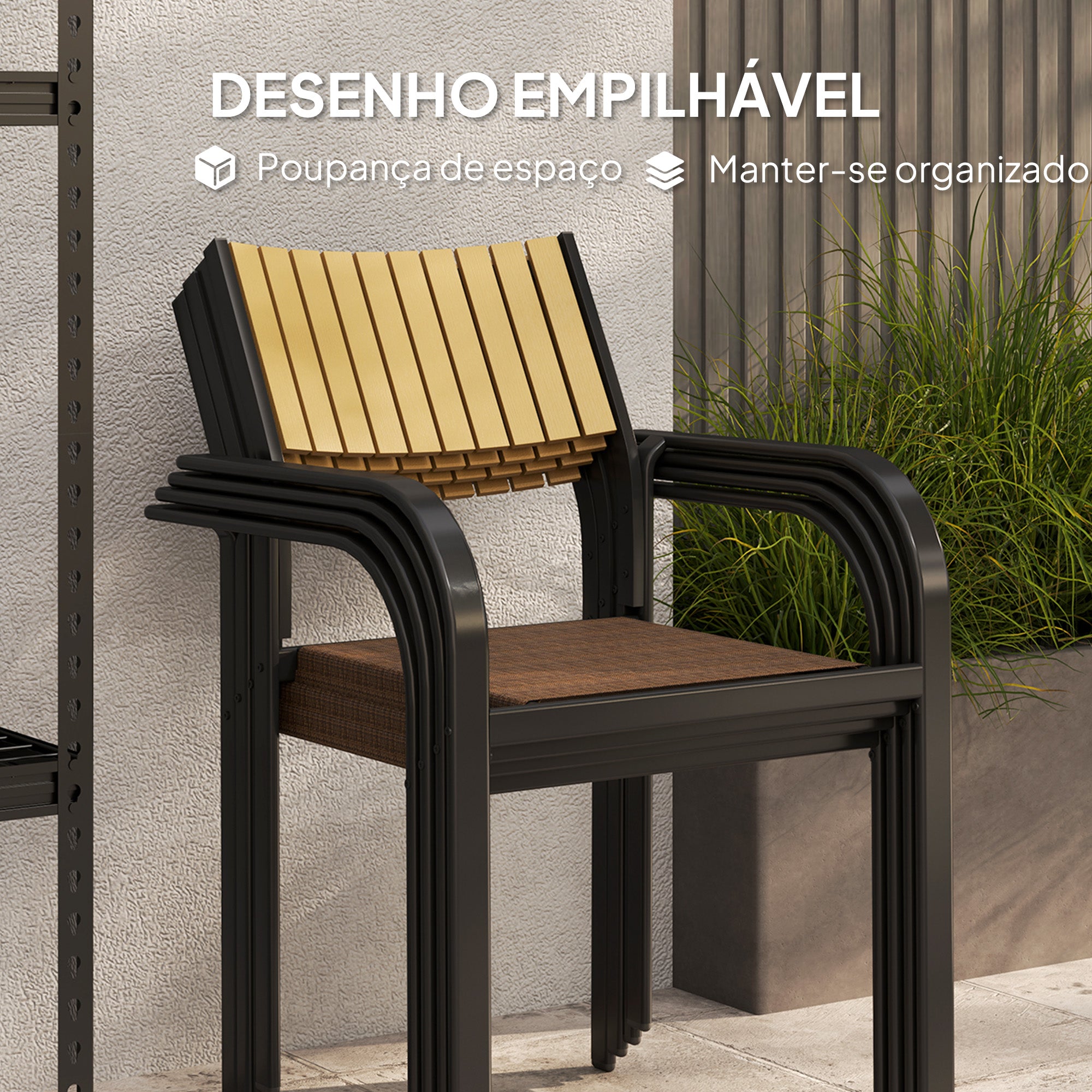 Conjunto de 4 Cadeiras de Jardim Empilháveis 58x65x85 cm - Cor Marrom