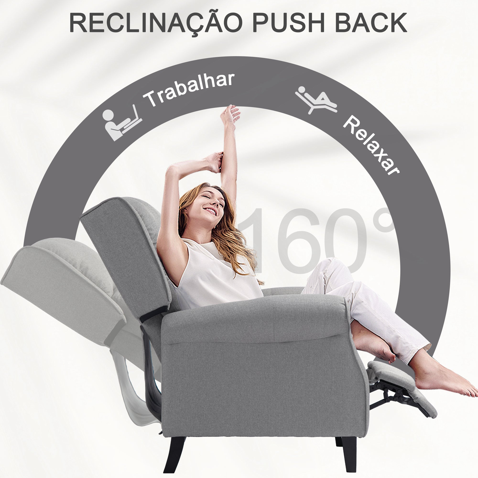 Poltrona Reclinável Cinzenta 77x88x102 cm com Reclinação Manual até 160° e Apoio para os Pés Retráteis