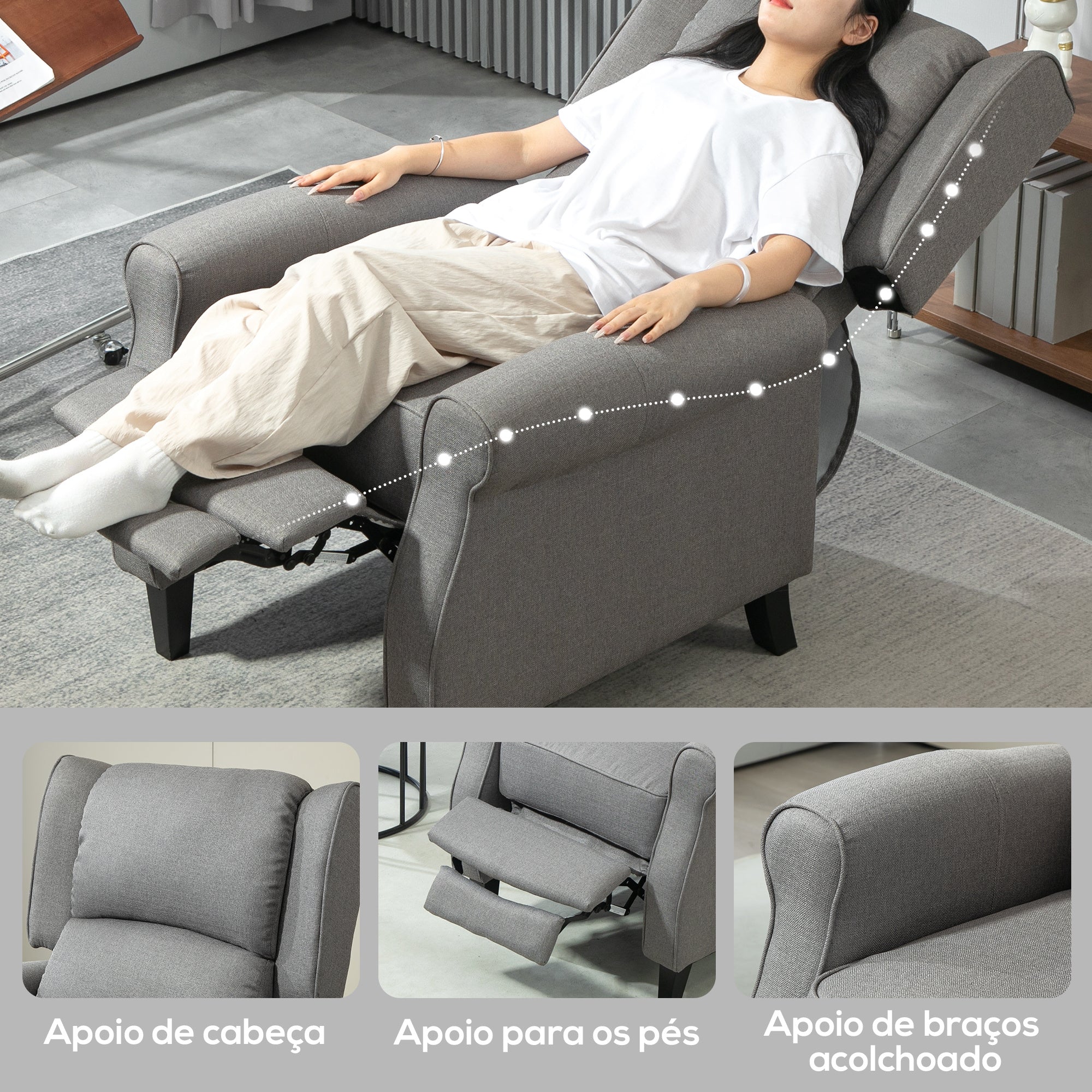 Poltrona Reclinável Cinzenta 77x88x102 cm com Reclinação Manual até 160° e Apoio para os Pés Retráteis