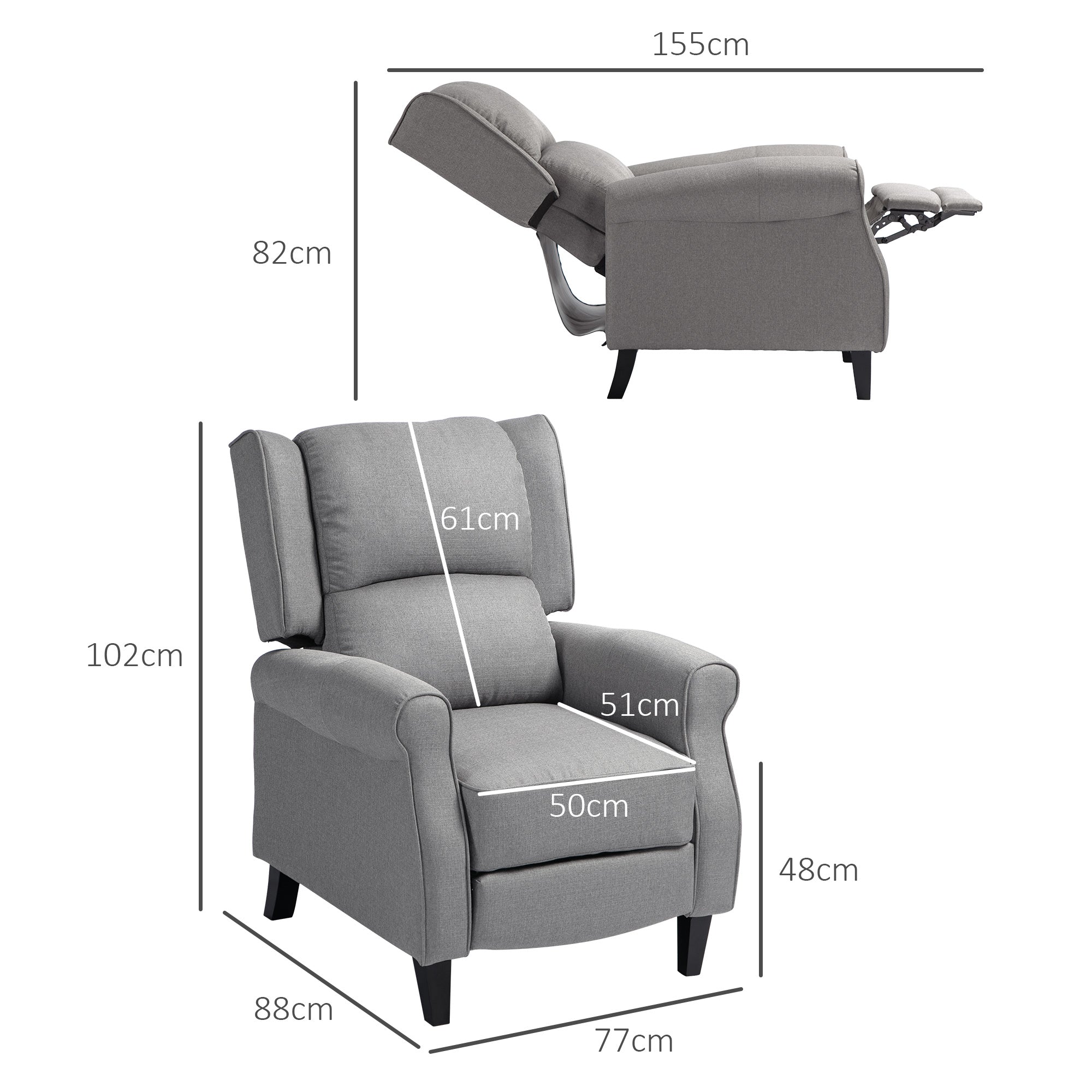 Poltrona Reclinável Cinzenta 77x88x102 cm com Reclinação Manual até 160° e Apoio para os Pés Retráteis