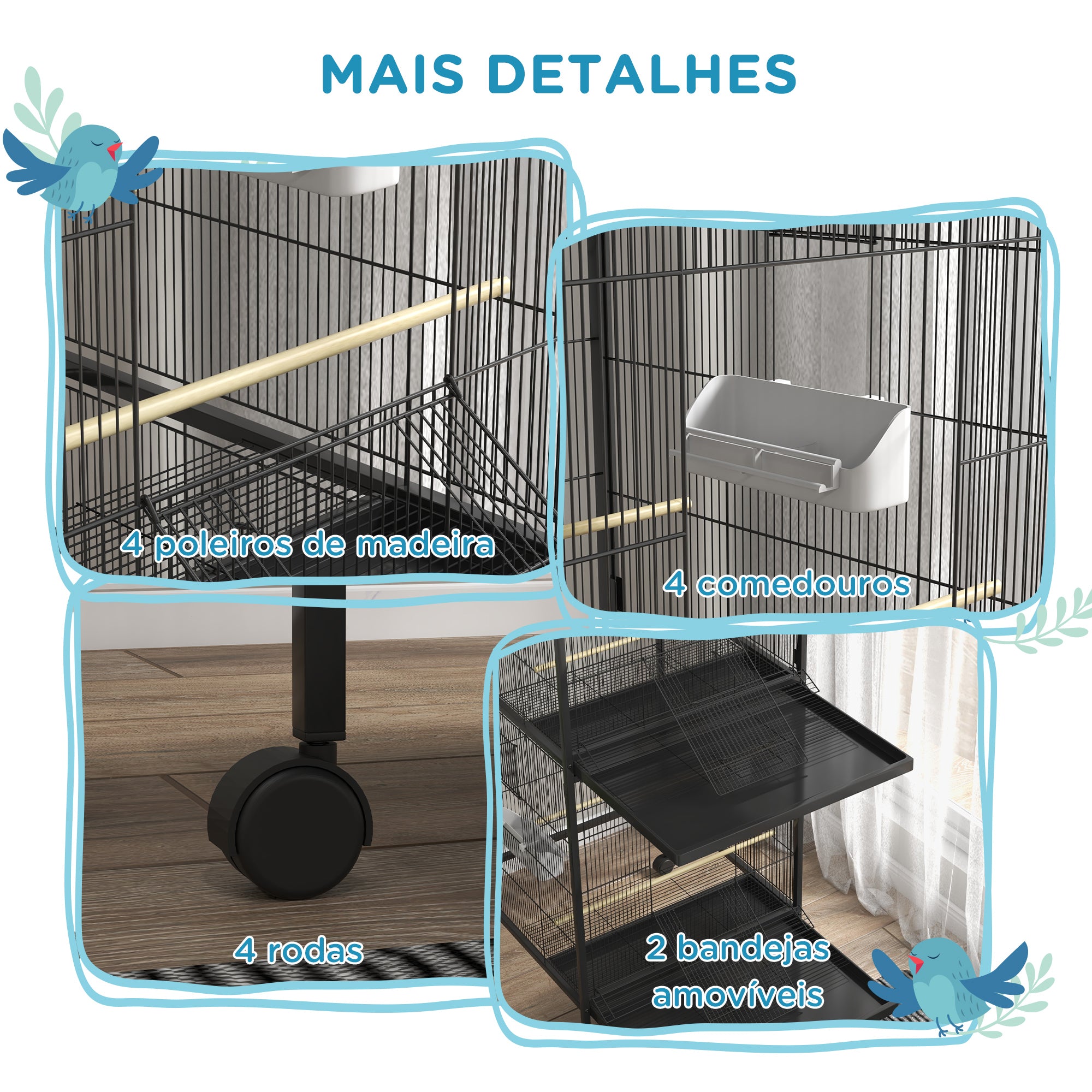 Gaiola para Pássaros 2 em 1 – 78x75x168 cm – Preto – Aço