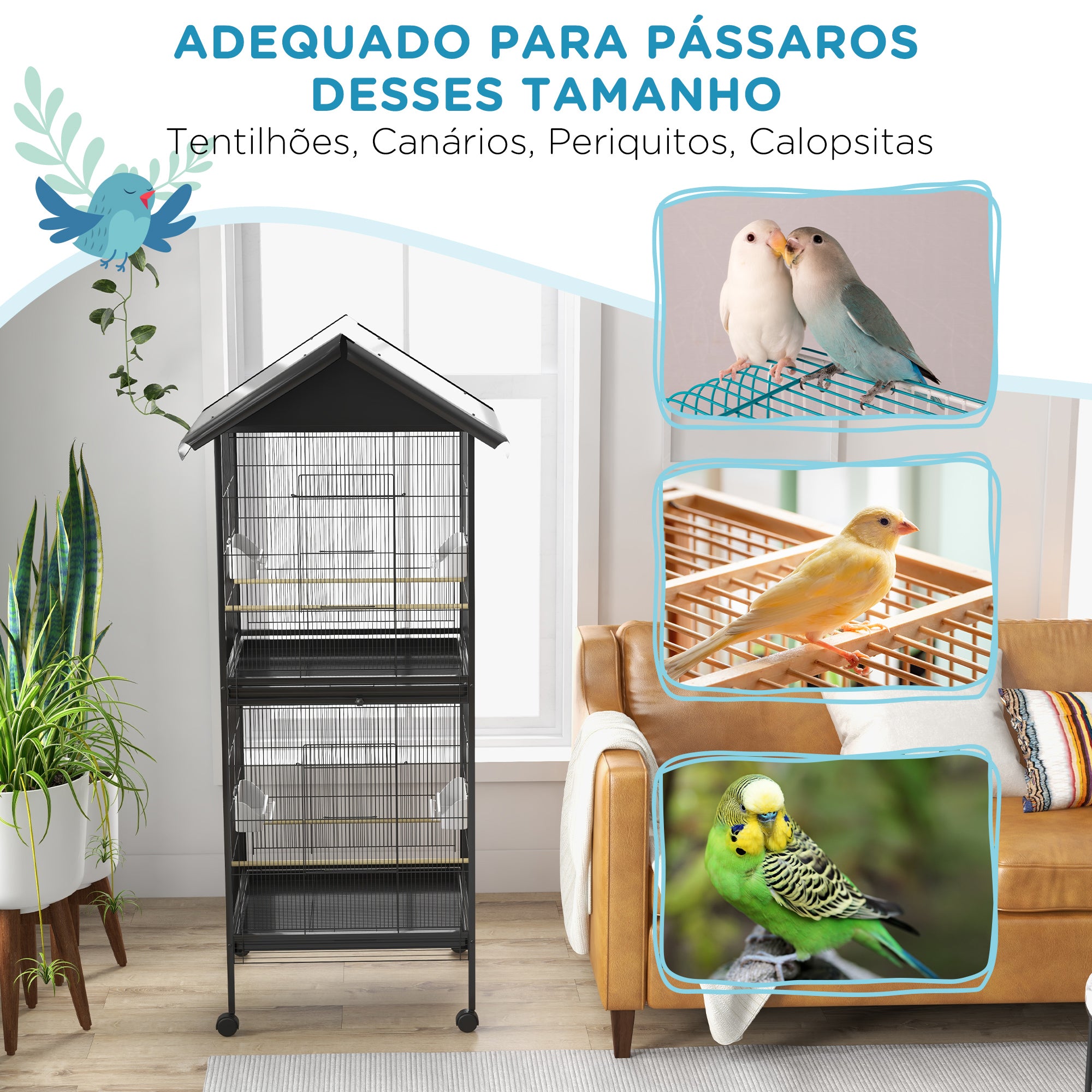 Gaiola para Pássaros 2 em 1 – 78x75x168 cm – Preto – Aço