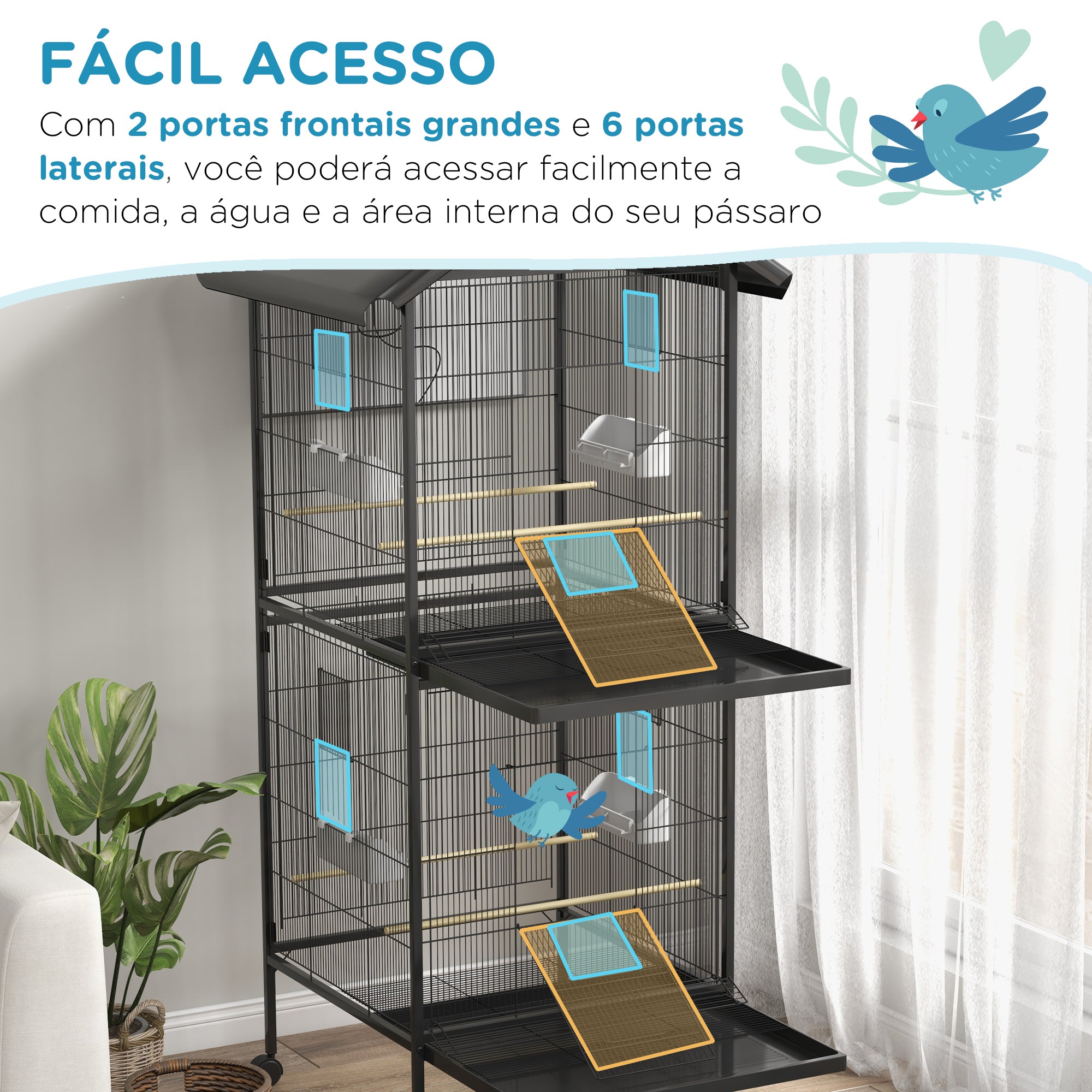 Gaiola para Pássaros 2 em 1 – 78x75x168 cm – Preto – Aço
