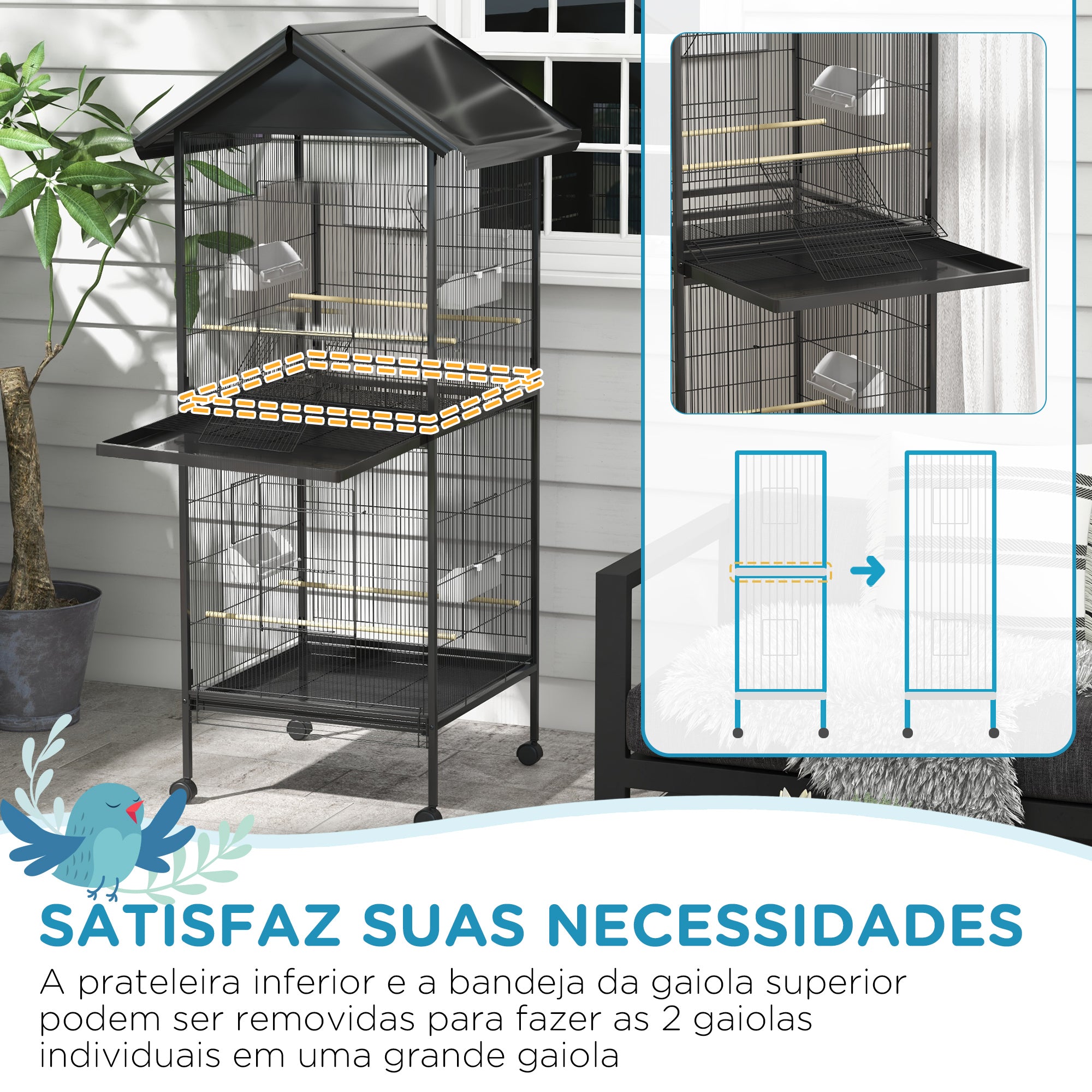 Gaiola para Pássaros 2 em 1 – 78x75x168 cm – Preto – Aço