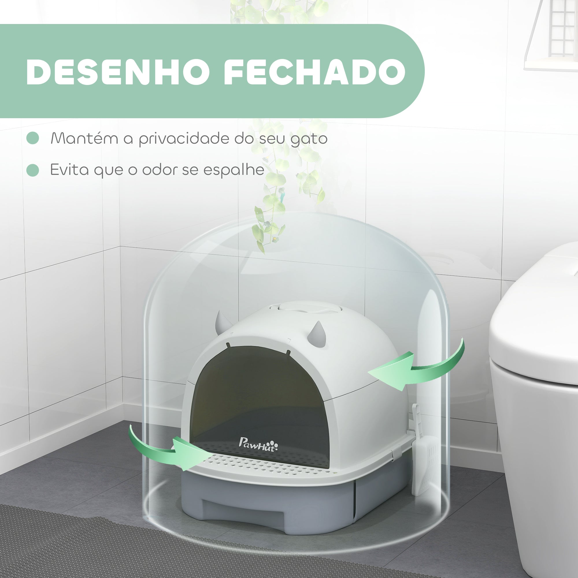 Caixa de Areia para Gatos Fechada – 40,5x52x39 cm – Cinzento – Polipropileno