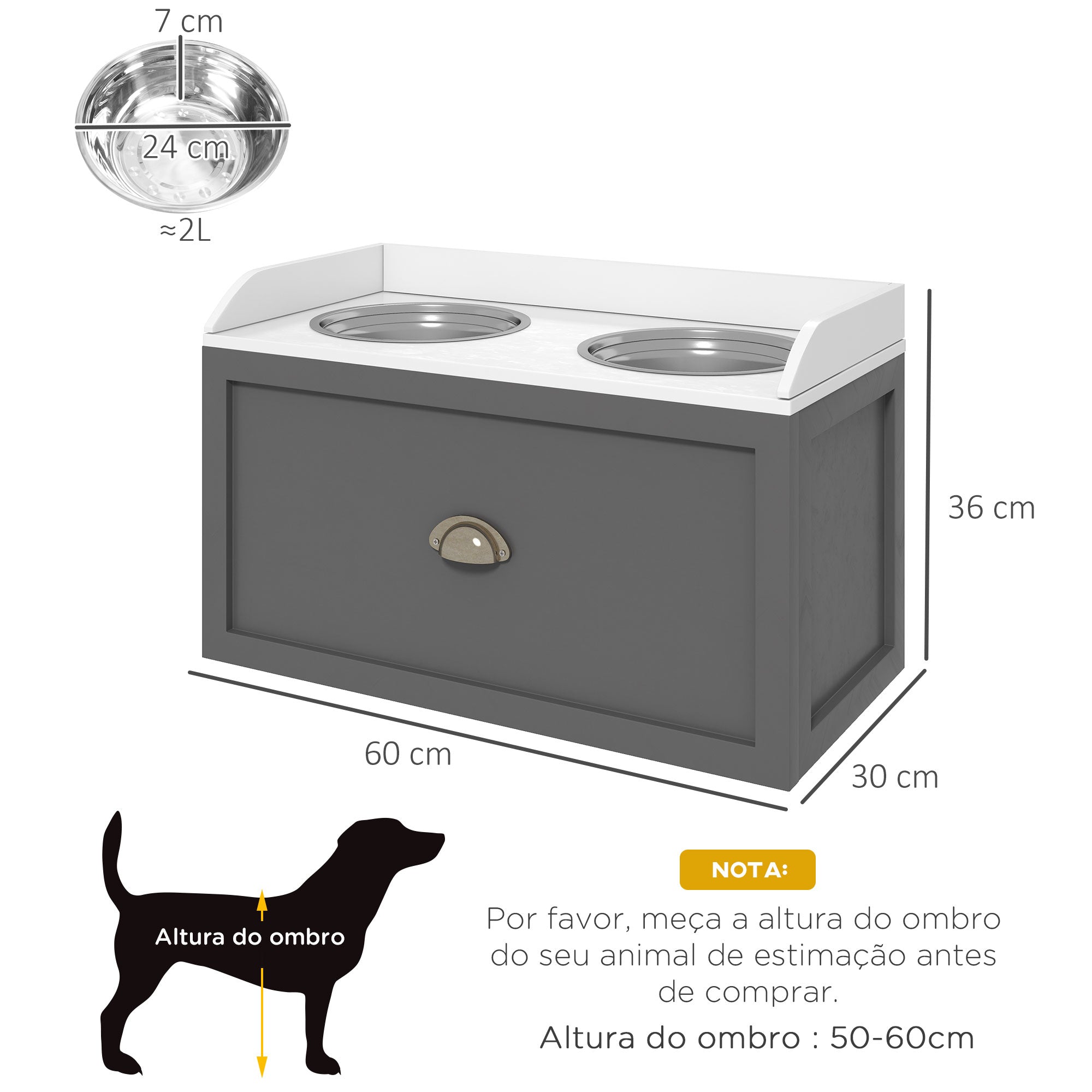 Comedouro Elevado para Cães – 60x30x36 cm – Cinzento – Aço inoxidável e MDF