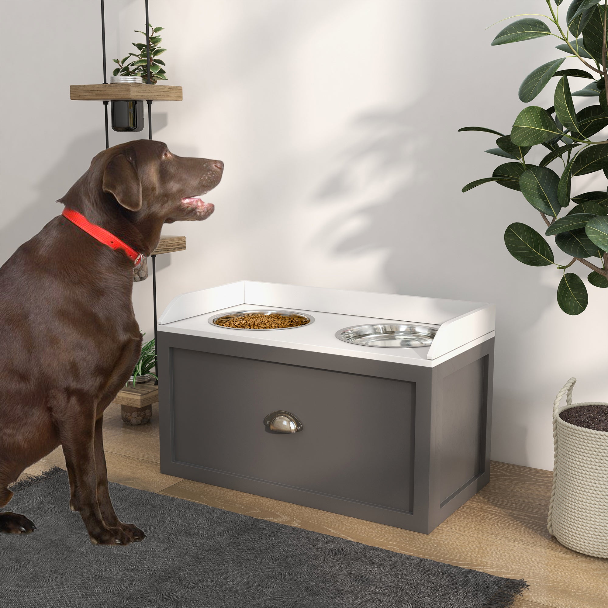 Comedouro Elevado para Cães – 60x30x36 cm – Cinzento – Aço inoxidável e MDF