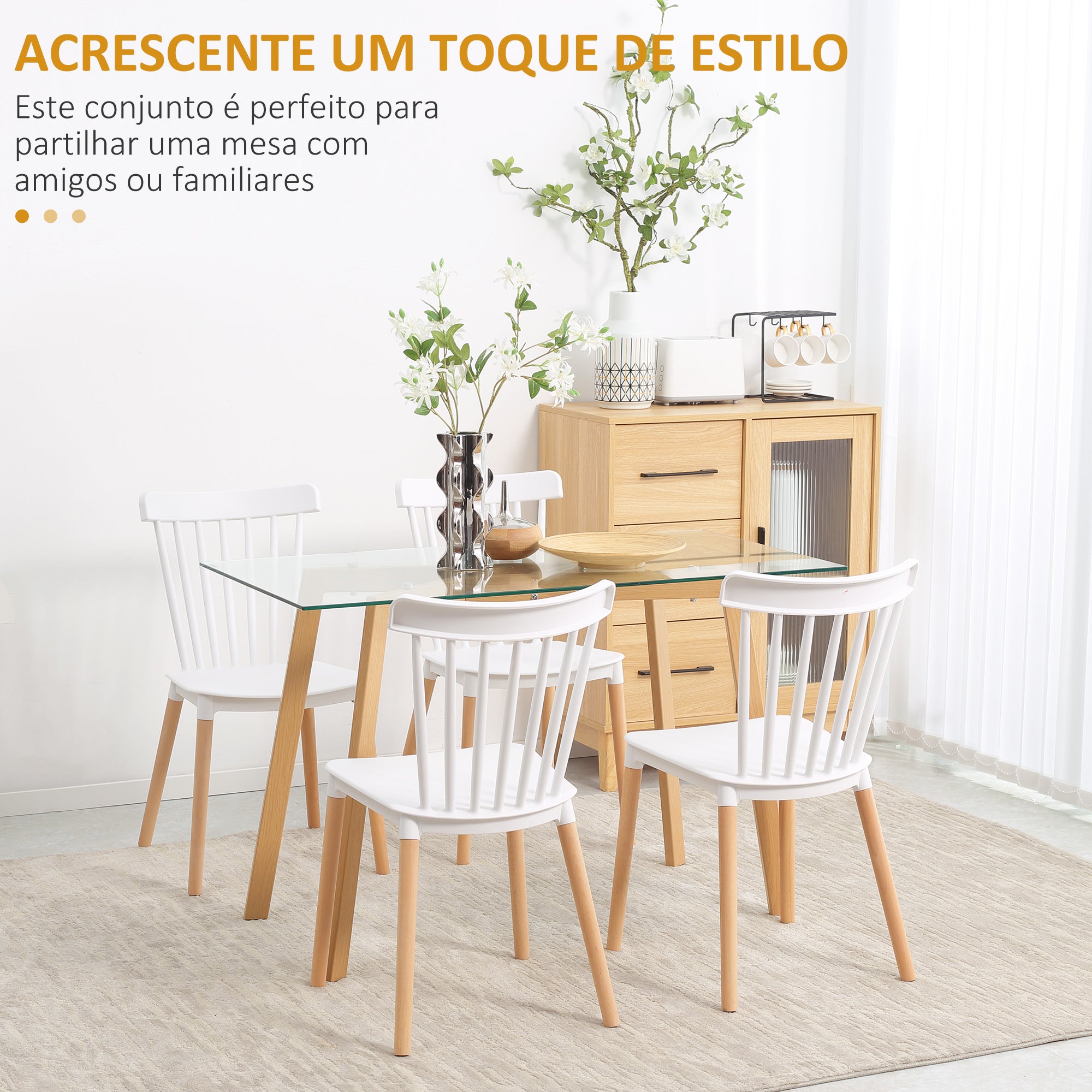 Conjunto de 4 Cadeiras – 48x52,5x83 cm – Branco, Madeira de faia – Polipropileno