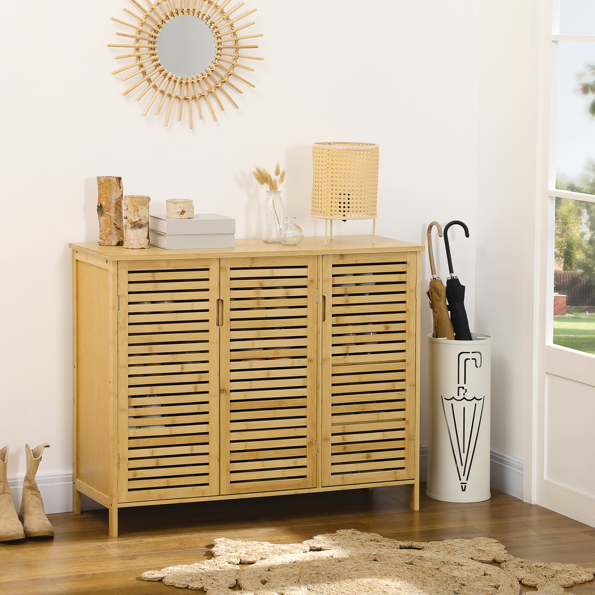 Sapateira de Entrada com 3 Portas de Persiana - 100x35x80 cm - Cor de Madeira Natural