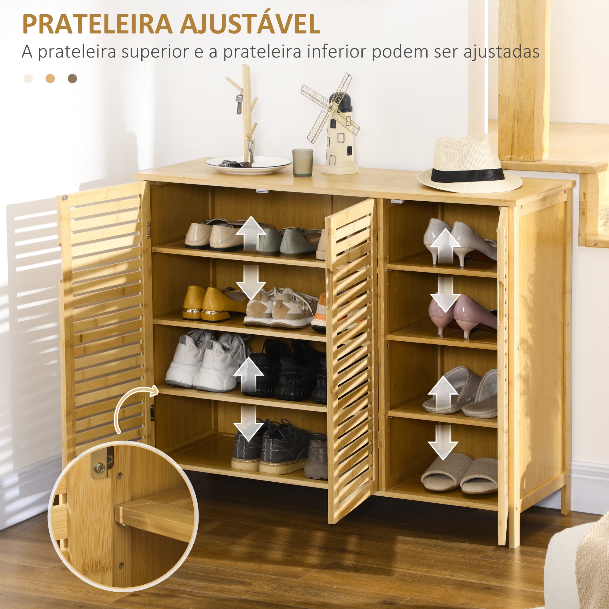 Sapateira de Entrada com 3 Portas de Persiana - 100x35x80 cm - Cor de Madeira Natural
