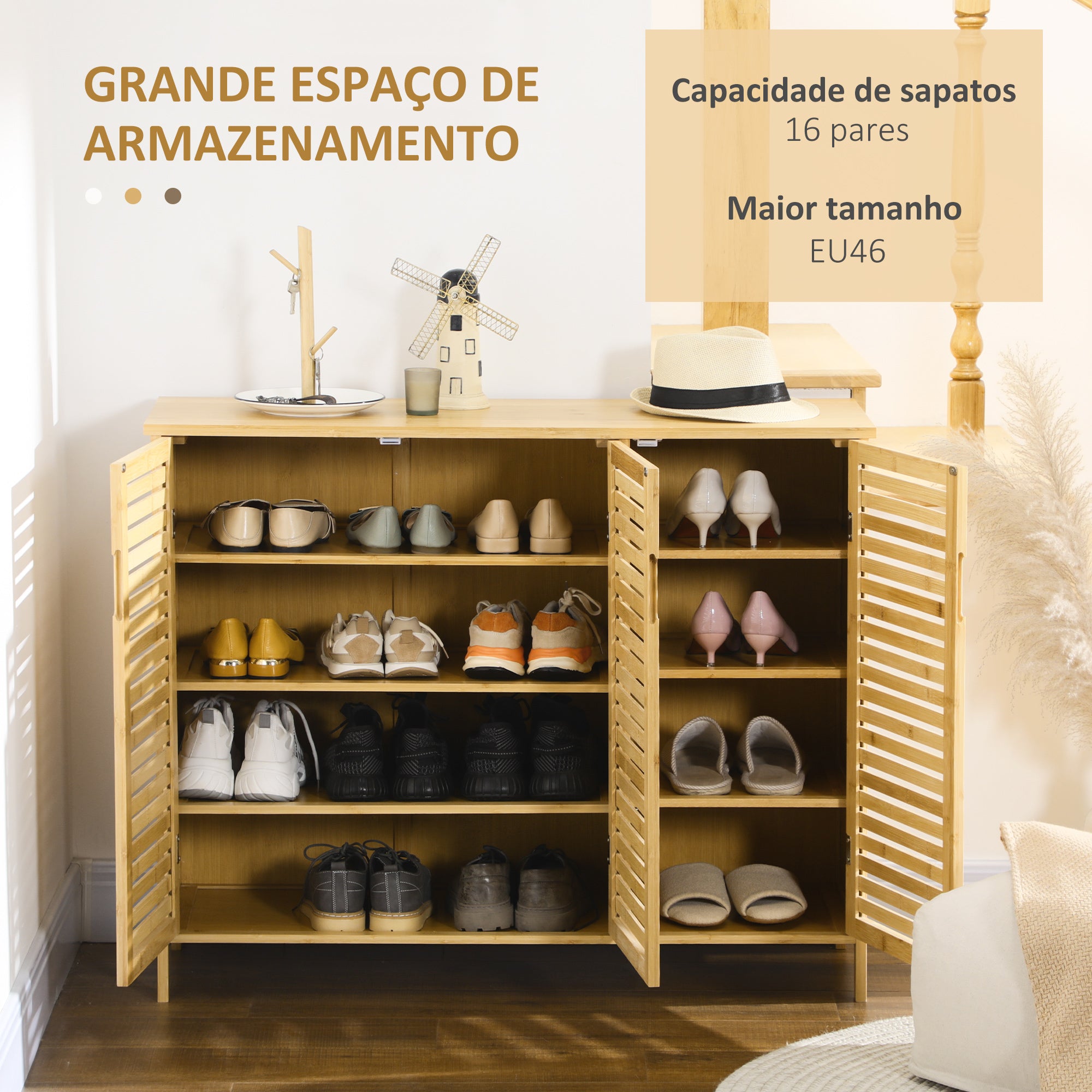 Sapateira de Entrada com 3 Portas de Persiana - 100x35x80 cm - Cor de Madeira Natural