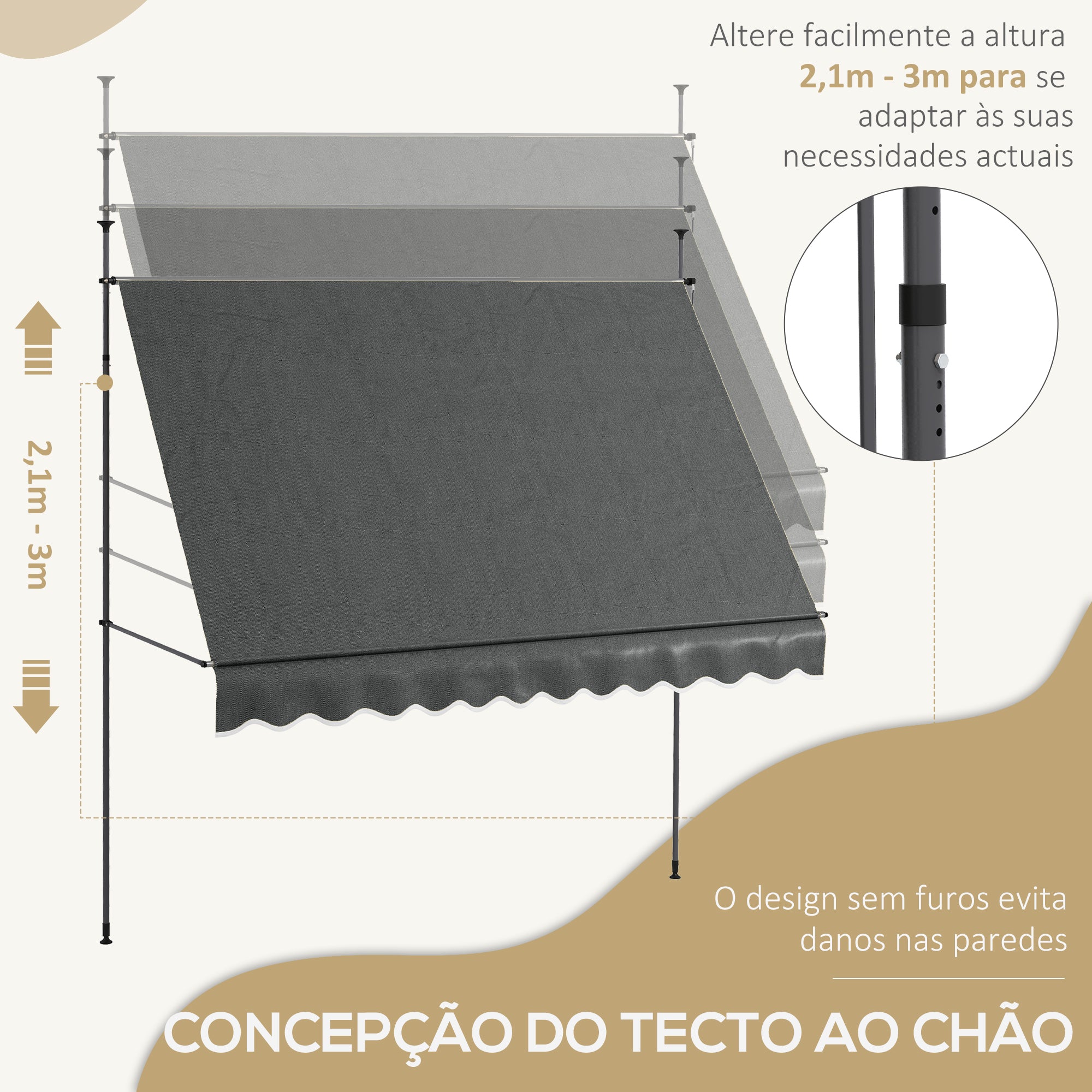 Toldo Manual Retrátil 300x120x210-300 cm Cinza Escuro