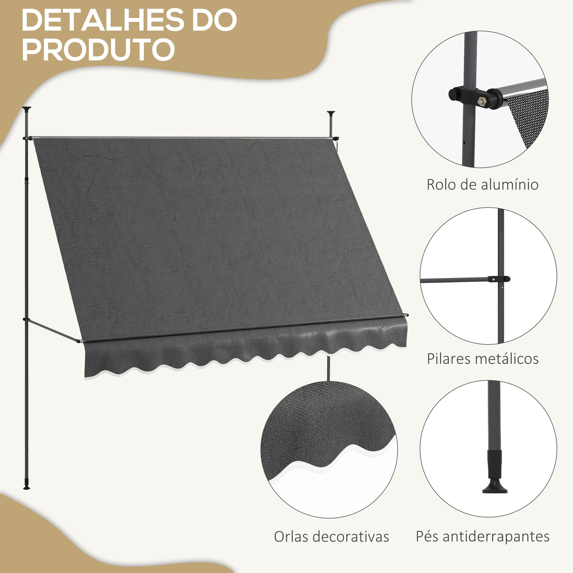 Toldo Manual Retrátil 300x120x210-300 cm Cinza Escuro