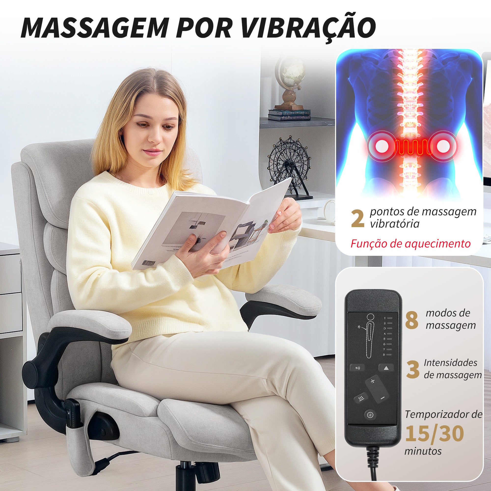 Cadeira de Escritório com Massagem Cinzento 66x67x113-121 cm