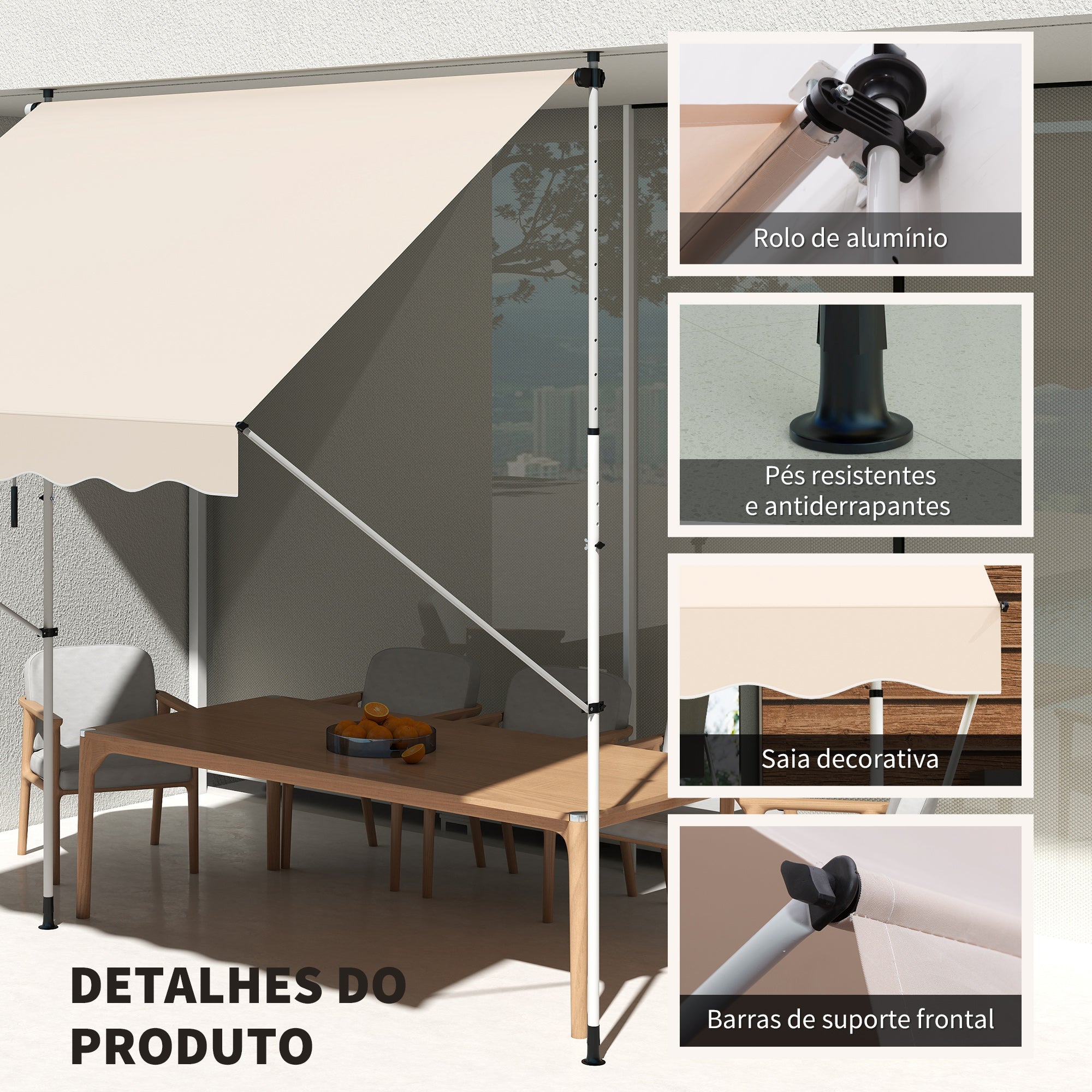 Toldo Manual Retrátil Exterior 300x150x280cm Bege