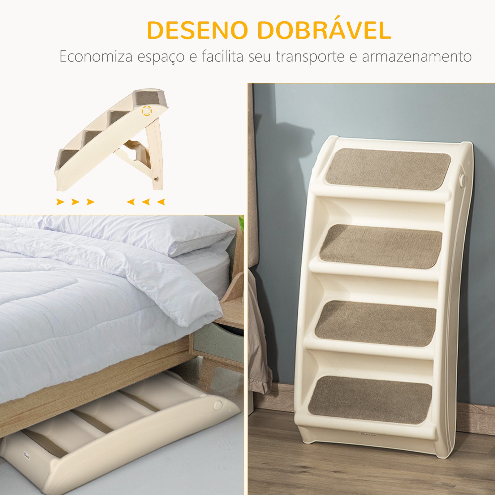 Escada Dobrável para Animais de Estimação 4 Degraus – 67x38x49.5 cm – Bege – Plástico