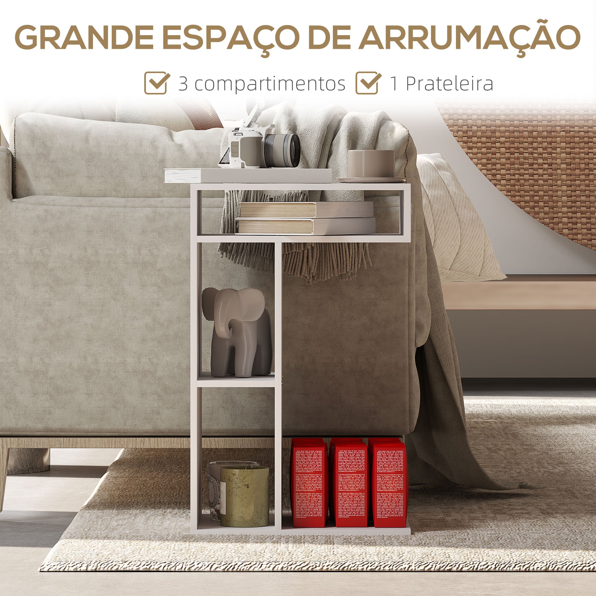 Mesa Auxiliar em Forma de C – 40x30x69 cm – Branca – Melamina