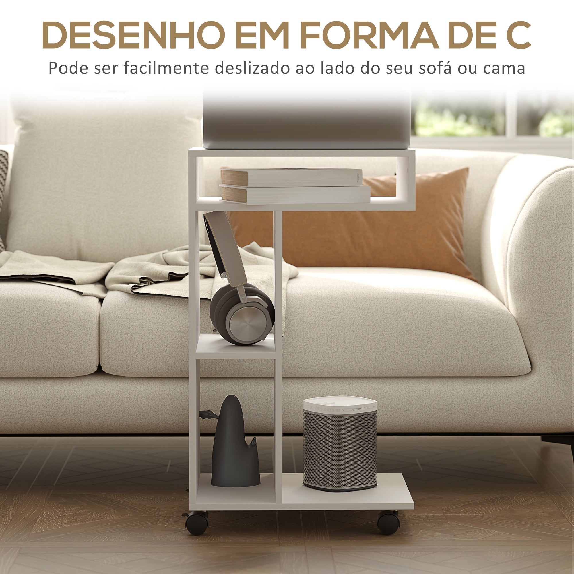 Mesa Auxiliar em Forma de C – 40x30x69 cm – Branca – Melamina