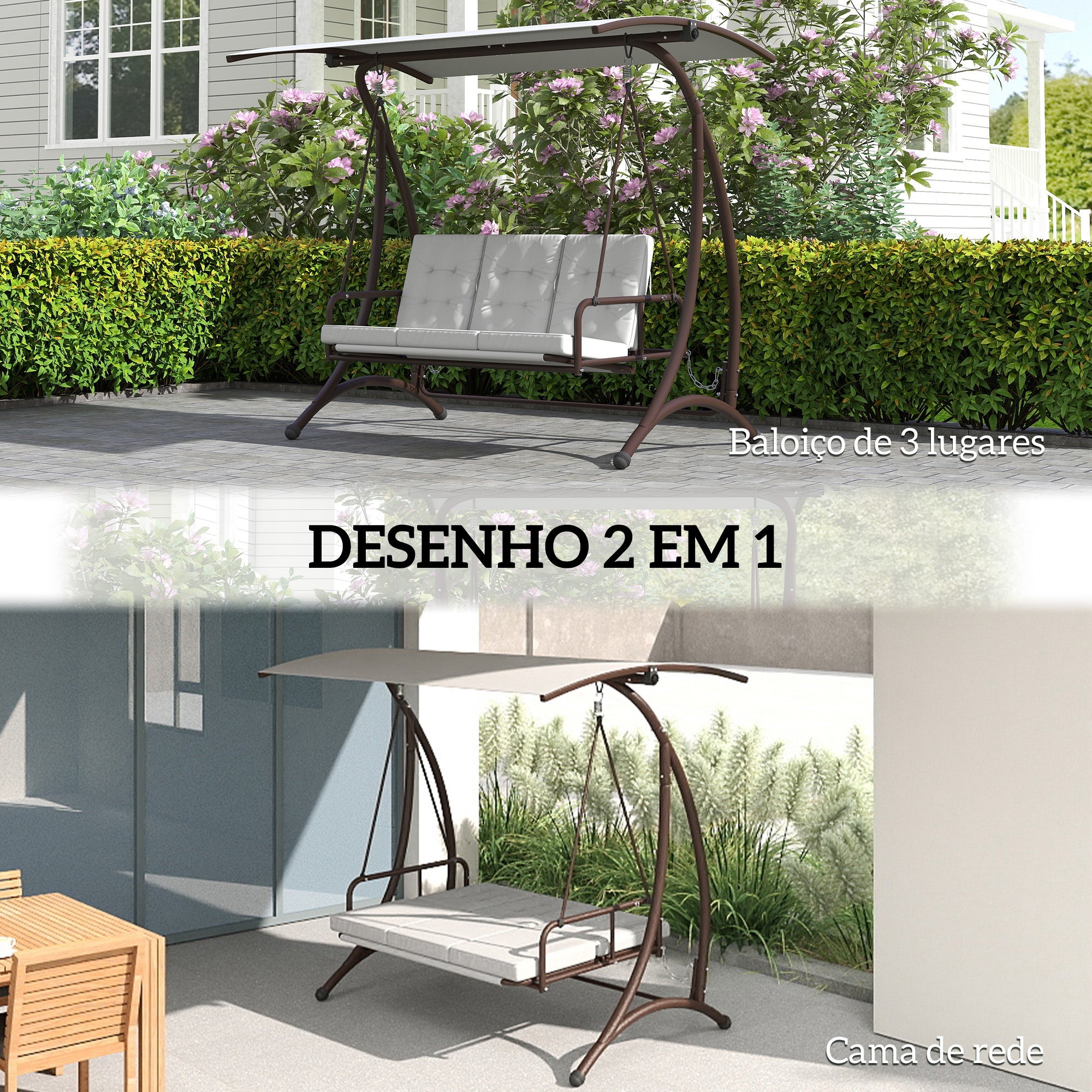 Baloiço de Jardim Convertível em Cama 200x120x175 cm - Cinzento