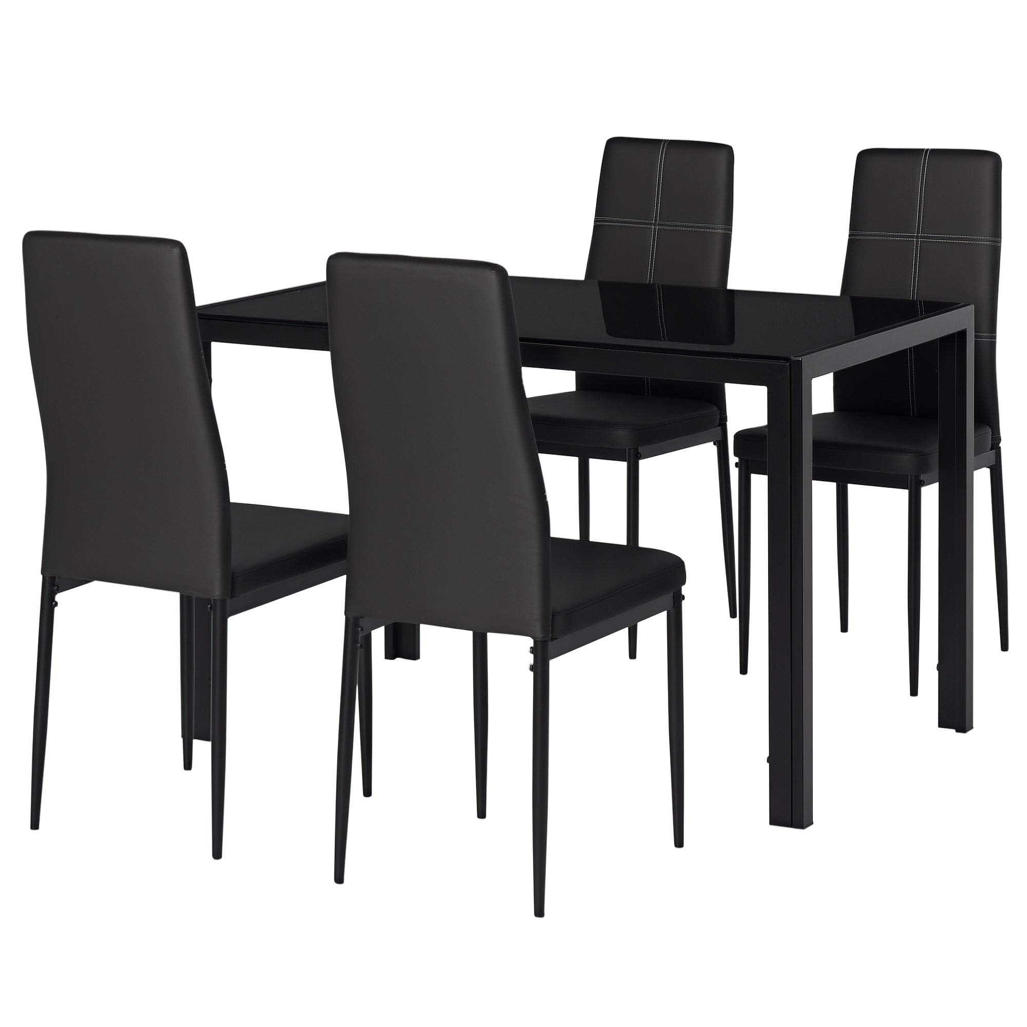 Conjunto de Refeição Mesa Retangular de Vidro Temperado e 4 Cadeiras Estofadas em PU - Preto 120x70x75 cm