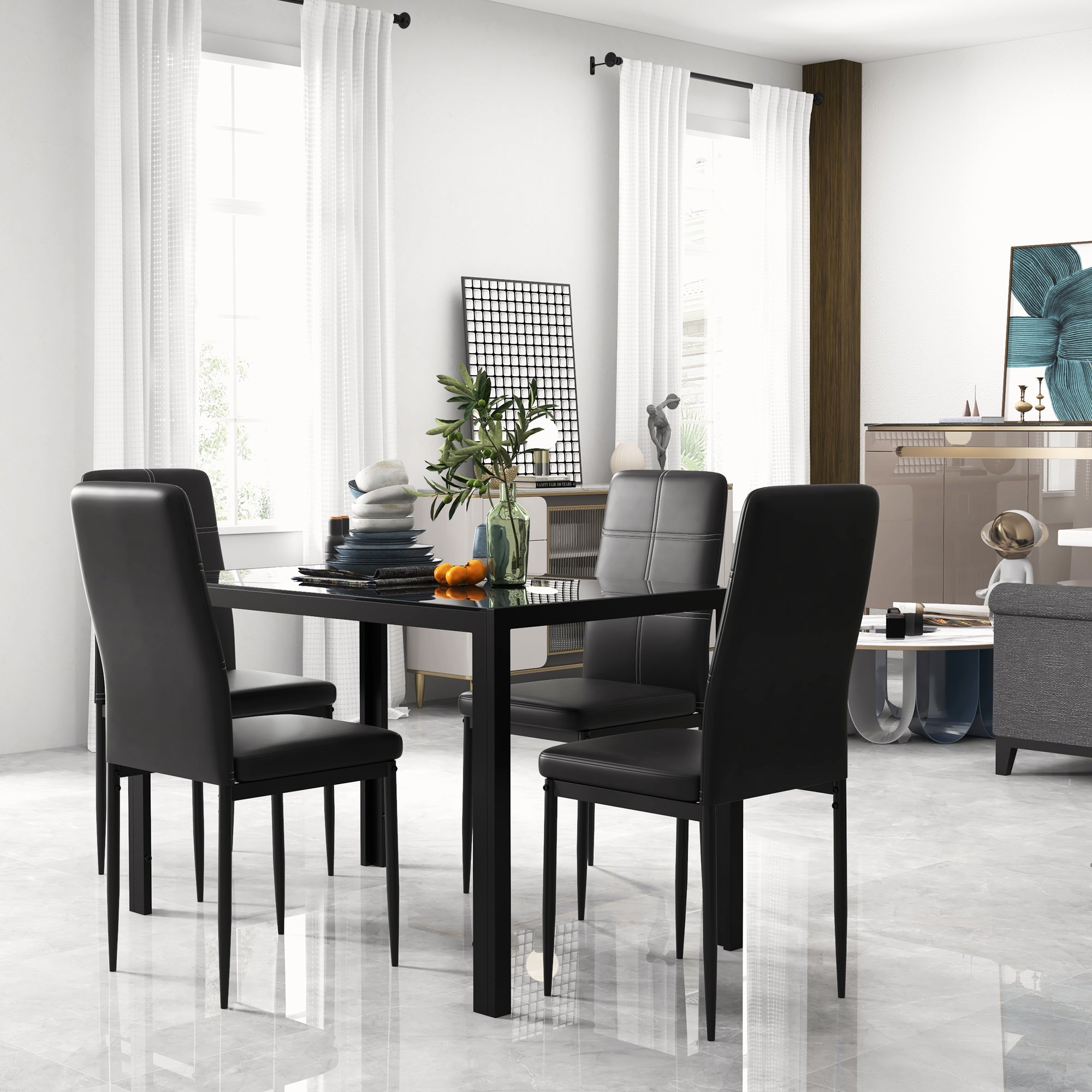 Conjunto de Refeição Mesa Retangular de Vidro Temperado e 4 Cadeiras Estofadas em PU - Preto 120x70x75 cm