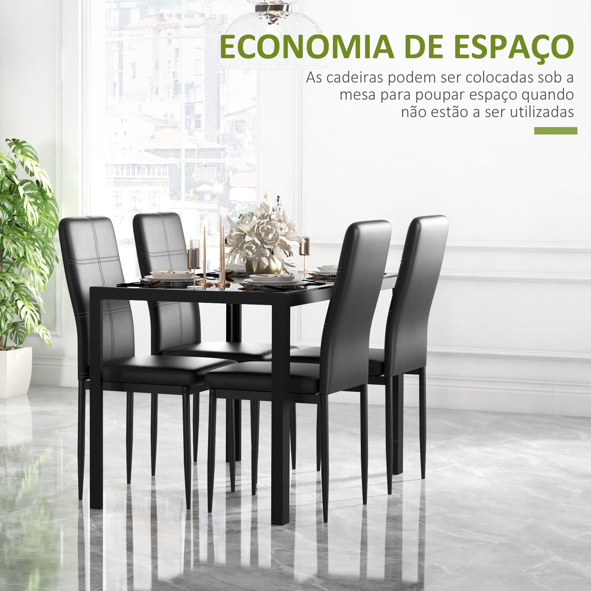 Conjunto de Refeição Mesa Retangular de Vidro Temperado e 4 Cadeiras Estofadas em PU - Preto 120x70x75 cm