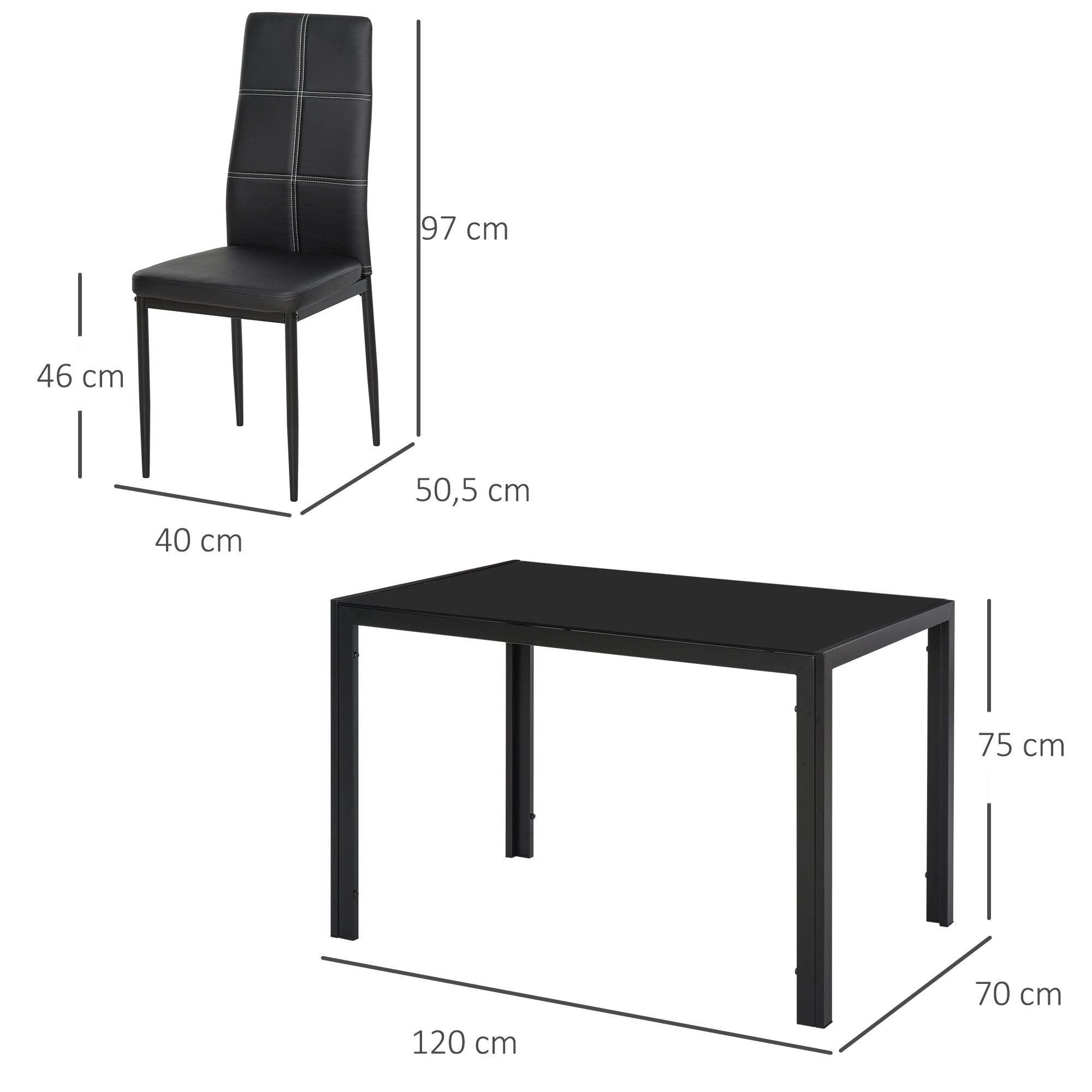 Conjunto de Refeição Mesa Retangular de Vidro Temperado e 4 Cadeiras Estofadas em PU - Preto 120x70x75 cm