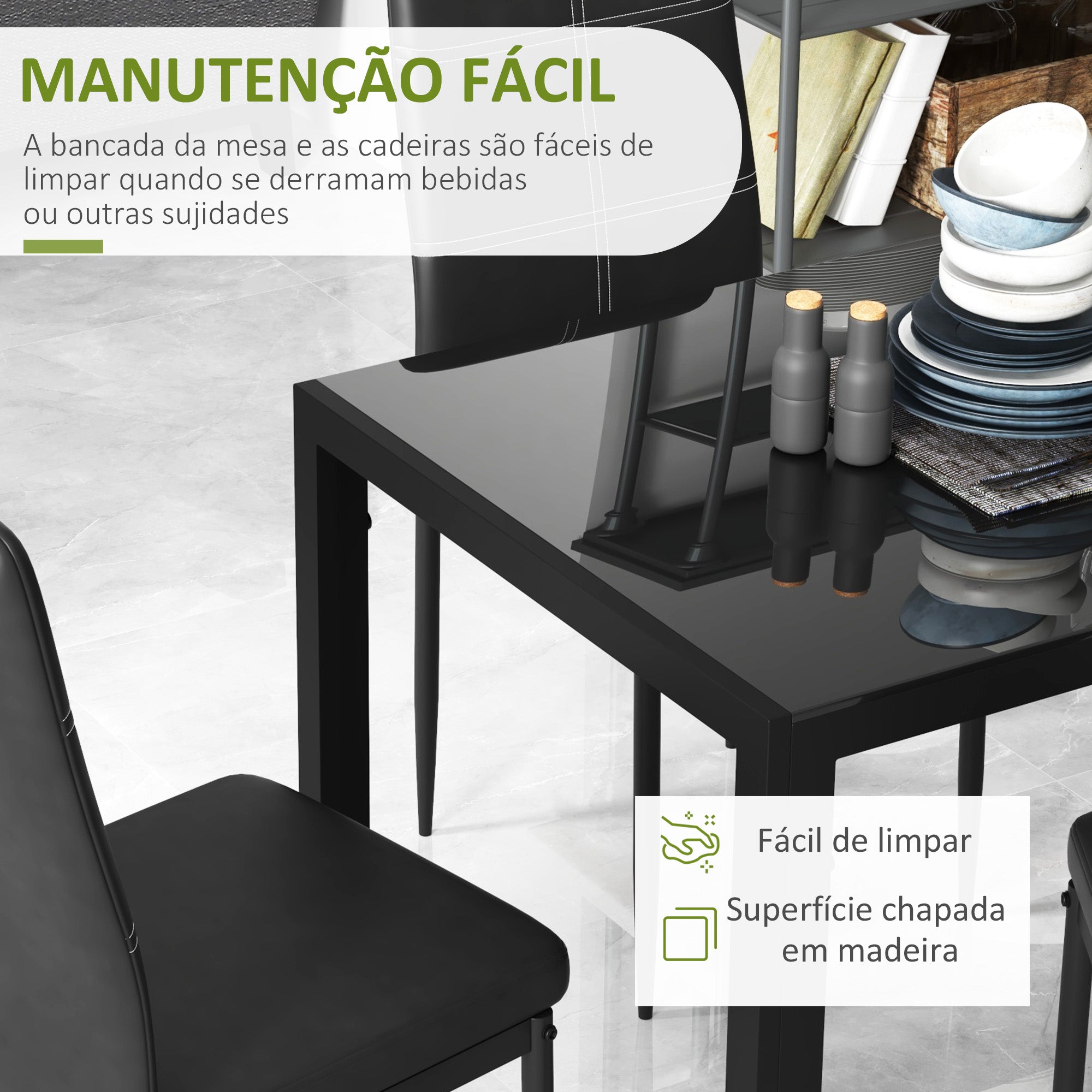 Conjunto de Refeição Mesa Retangular de Vidro Temperado e 4 Cadeiras Estofadas em PU - Preto 120x70x75 cm