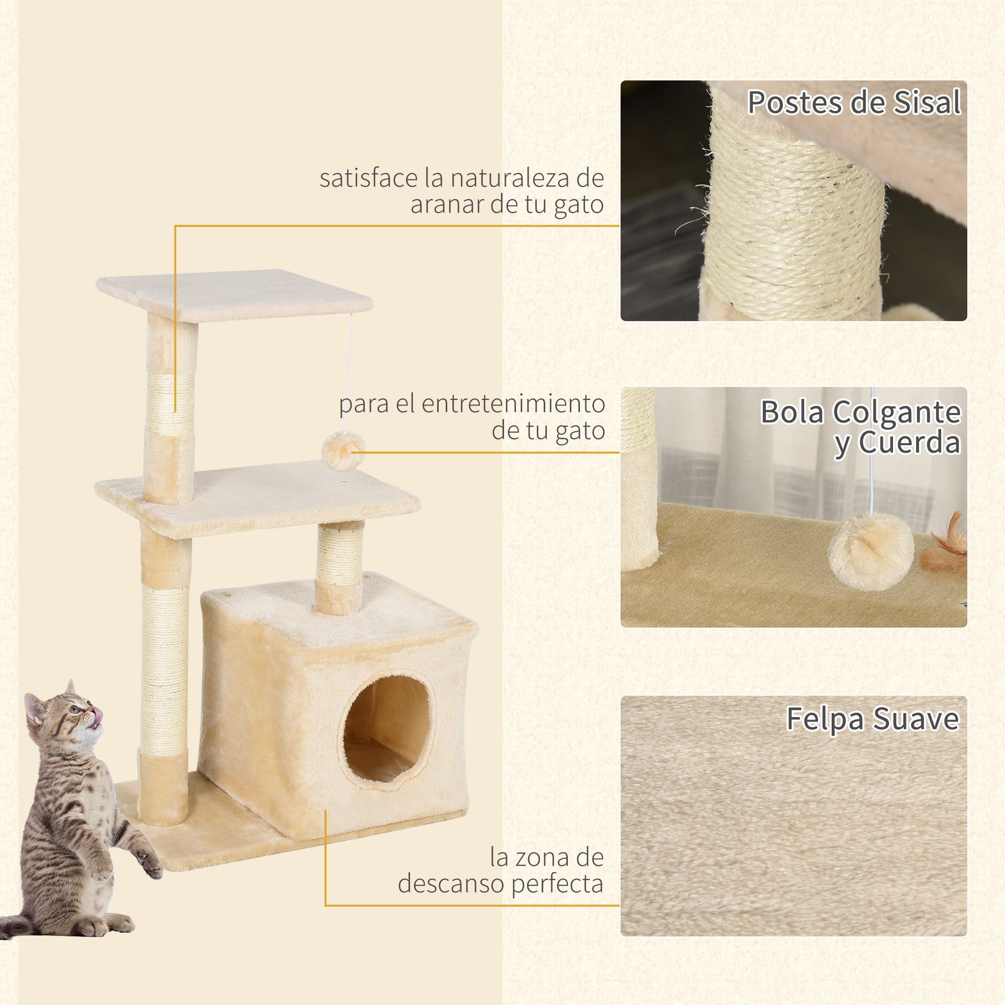 Arranhador para Gatos Bege 50x30x81,5 cm com Poste de Sisal e Plataformas