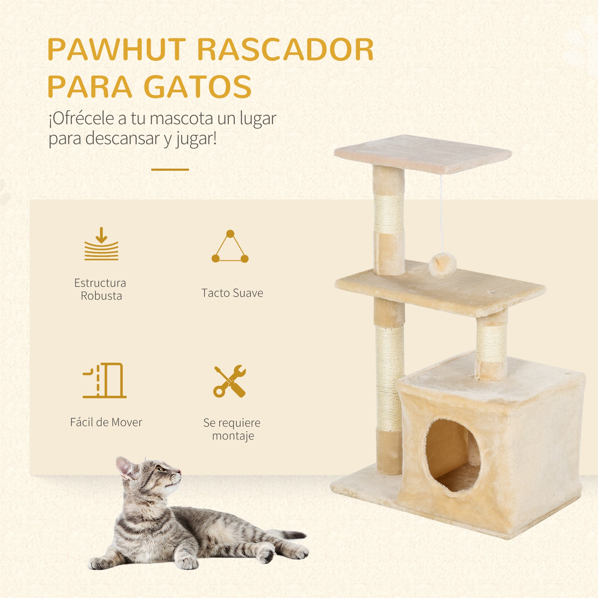 Arranhador para Gatos Bege 50x30x81,5 cm com Poste de Sisal e Plataformas
