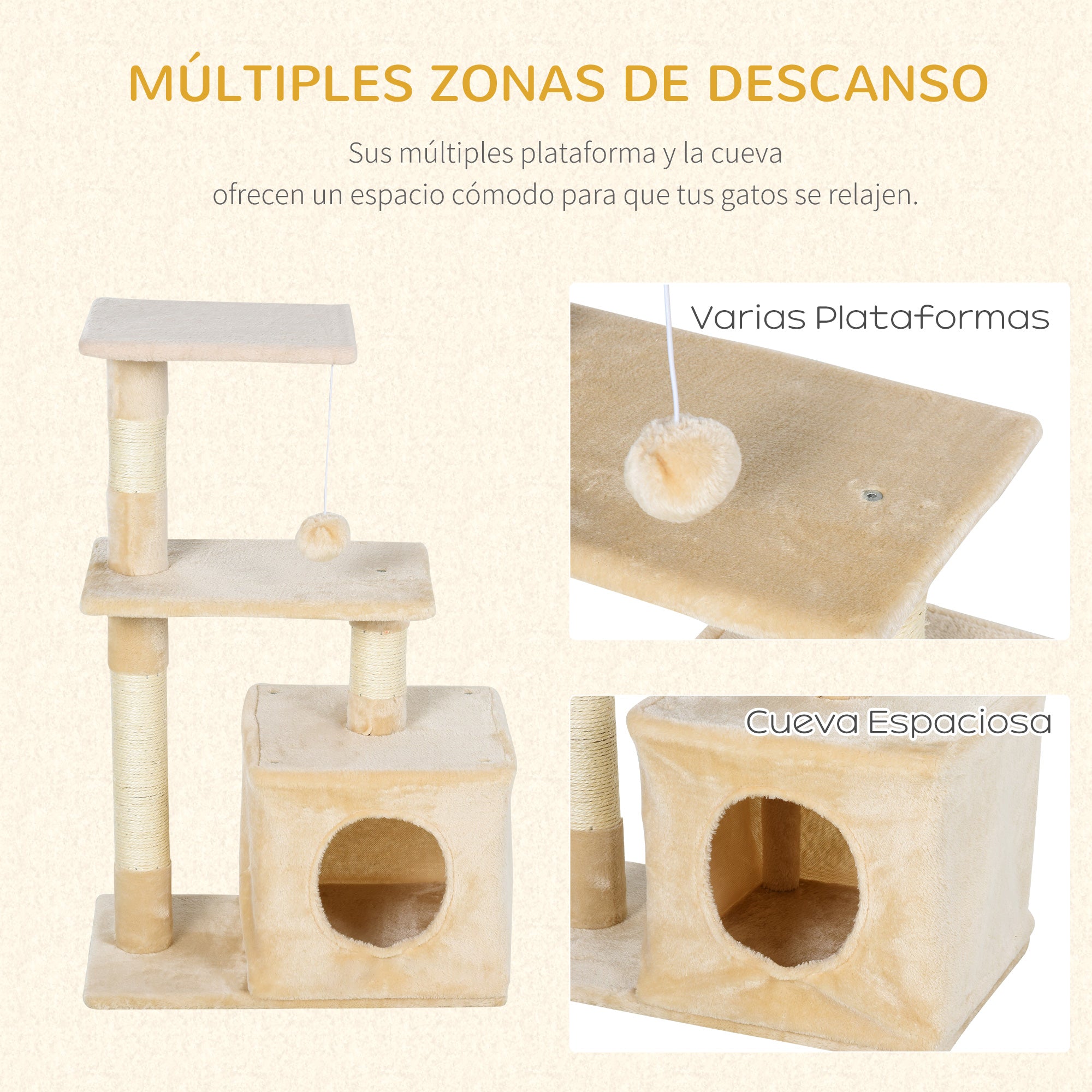 Arranhador para Gatos Bege 50x30x81,5 cm com Poste de Sisal e Plataformas