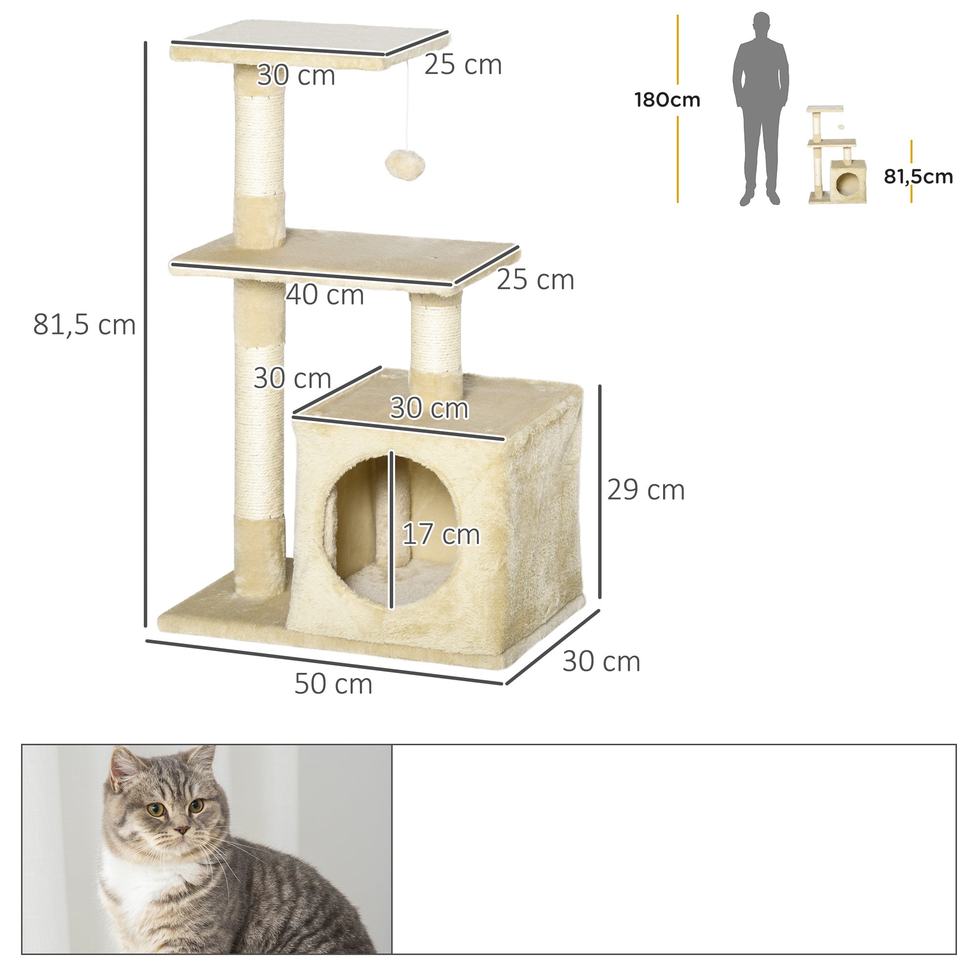 Arranhador para Gatos Bege 50x30x81,5 cm com Poste de Sisal e Plataformas