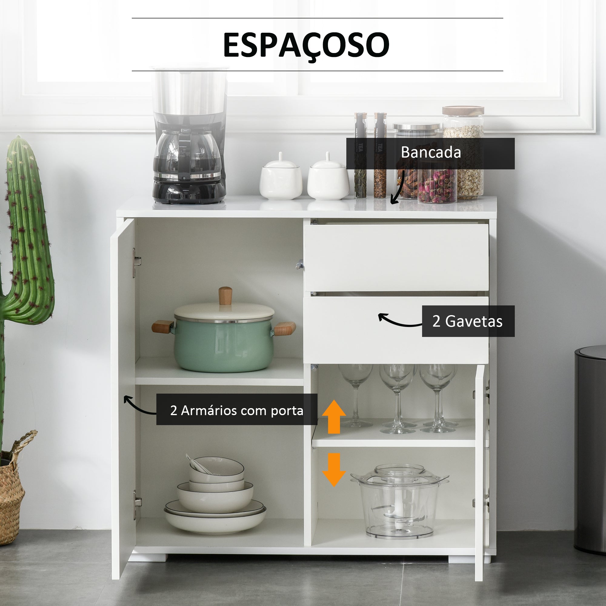 Aparador Auxiliar Branco 79x36x74cm - Organizador de Armazenamento