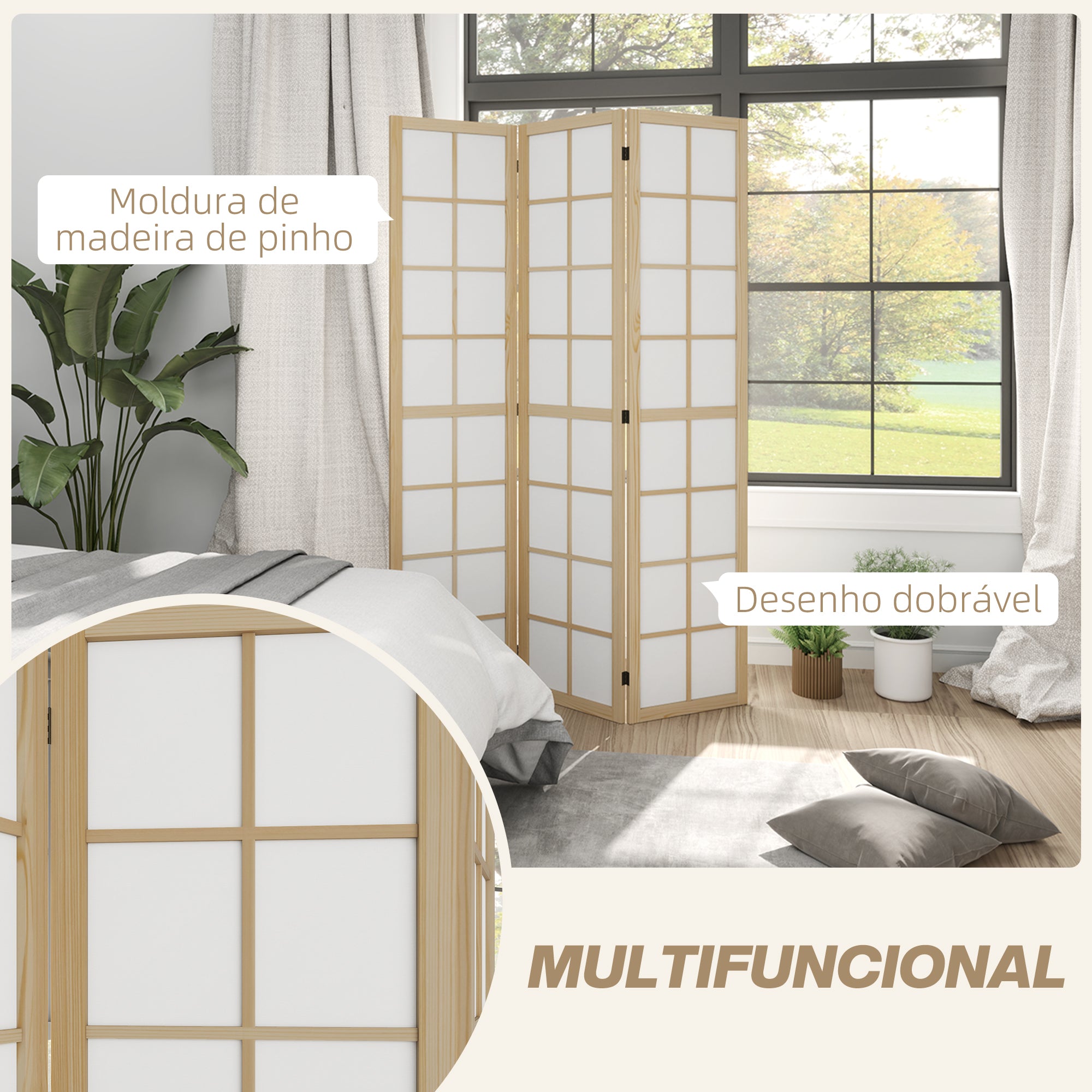 Biombo Dobrável de 3 Painéis 120x170 cm Cor de Madeira Natural