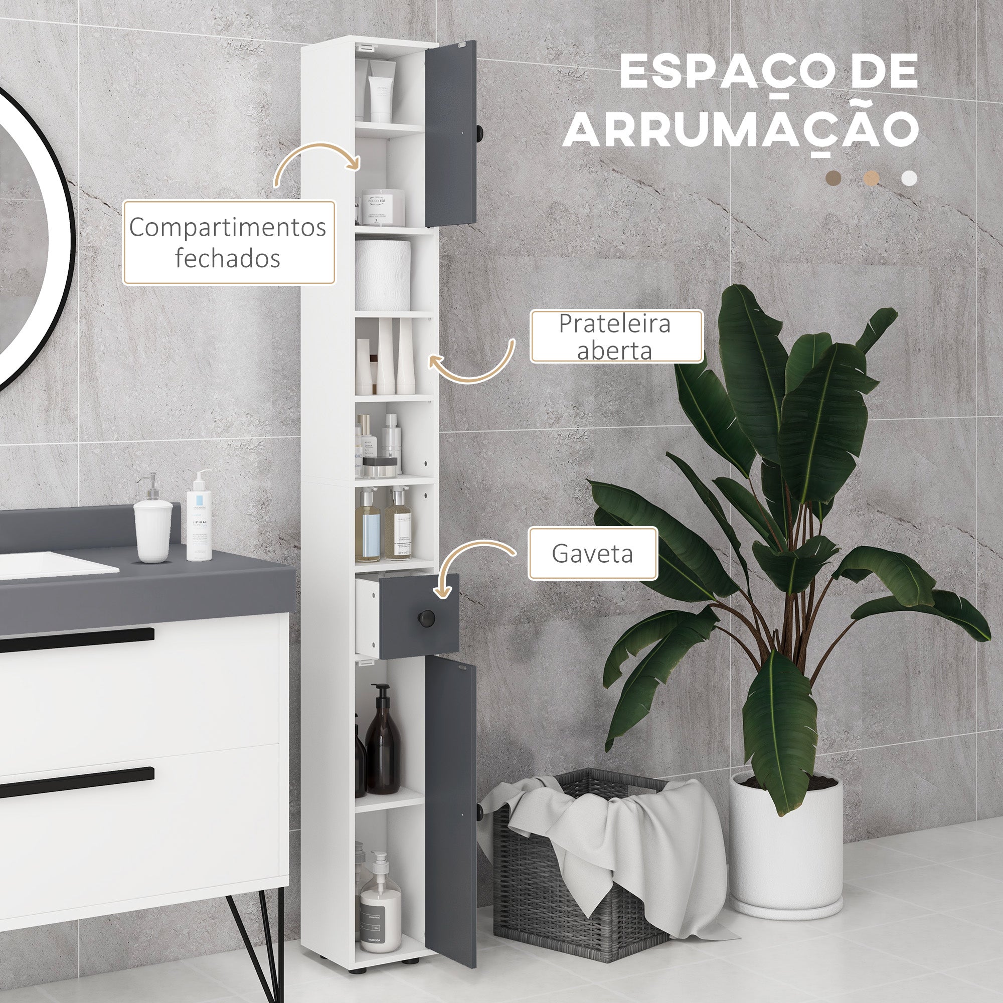 Coluna Casa de Banho Moderna Branco e Cinza 20x20x180 cm