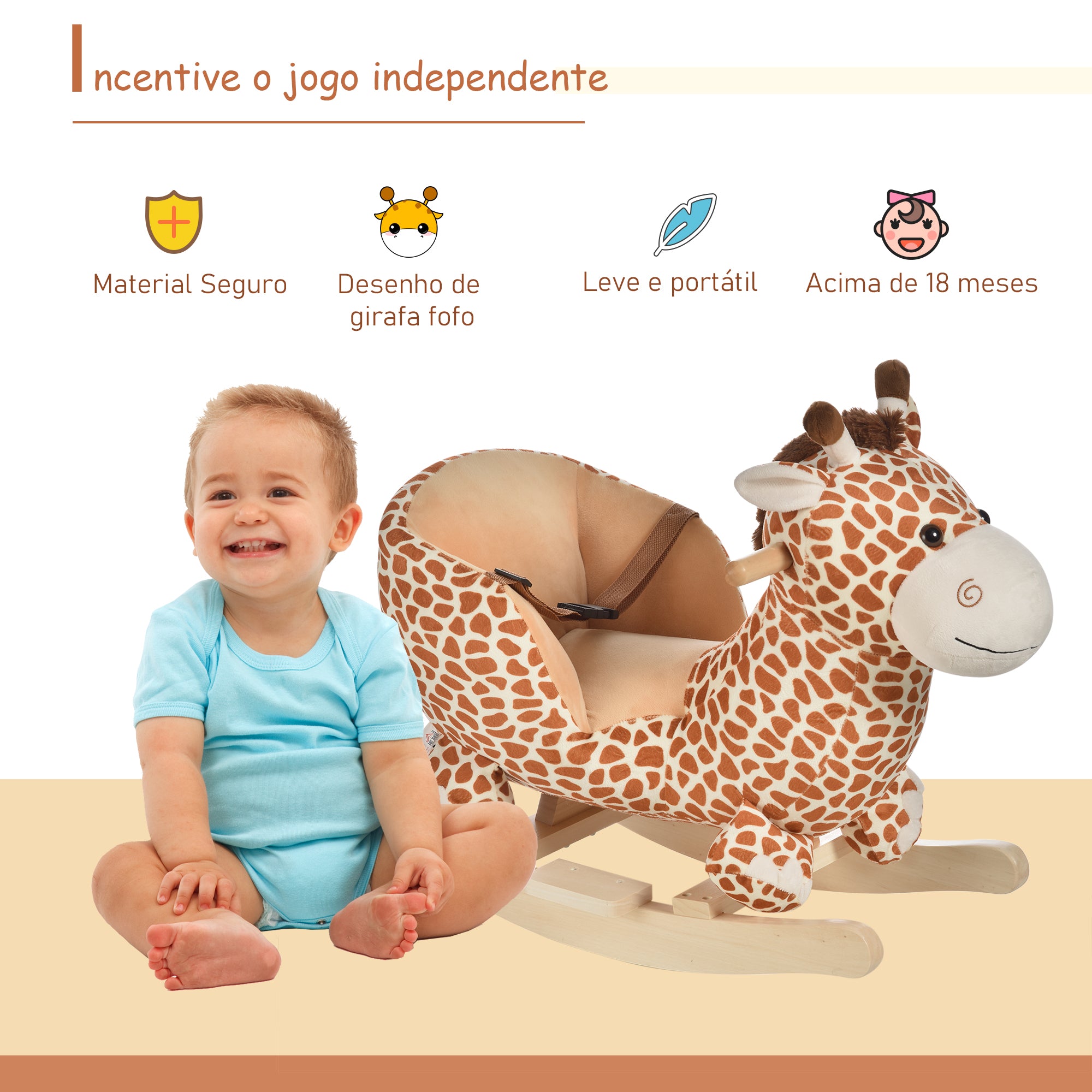 Baloiço de Pelúcia em Madeira 60x33x45 cm - Marrom Claro