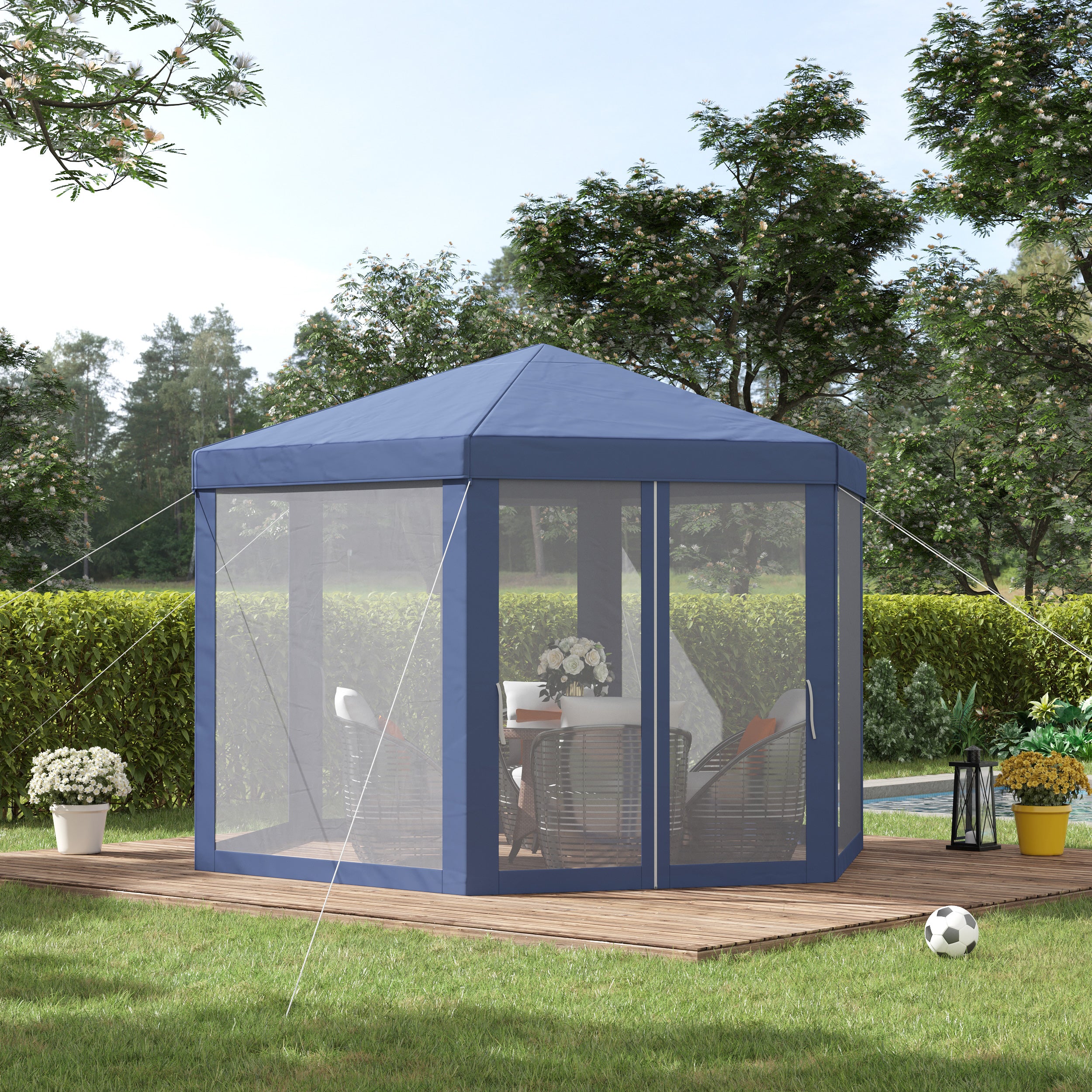 Tenda Hexagonal de Jardim Azul 197x250 cm com Rede Mosquiteira