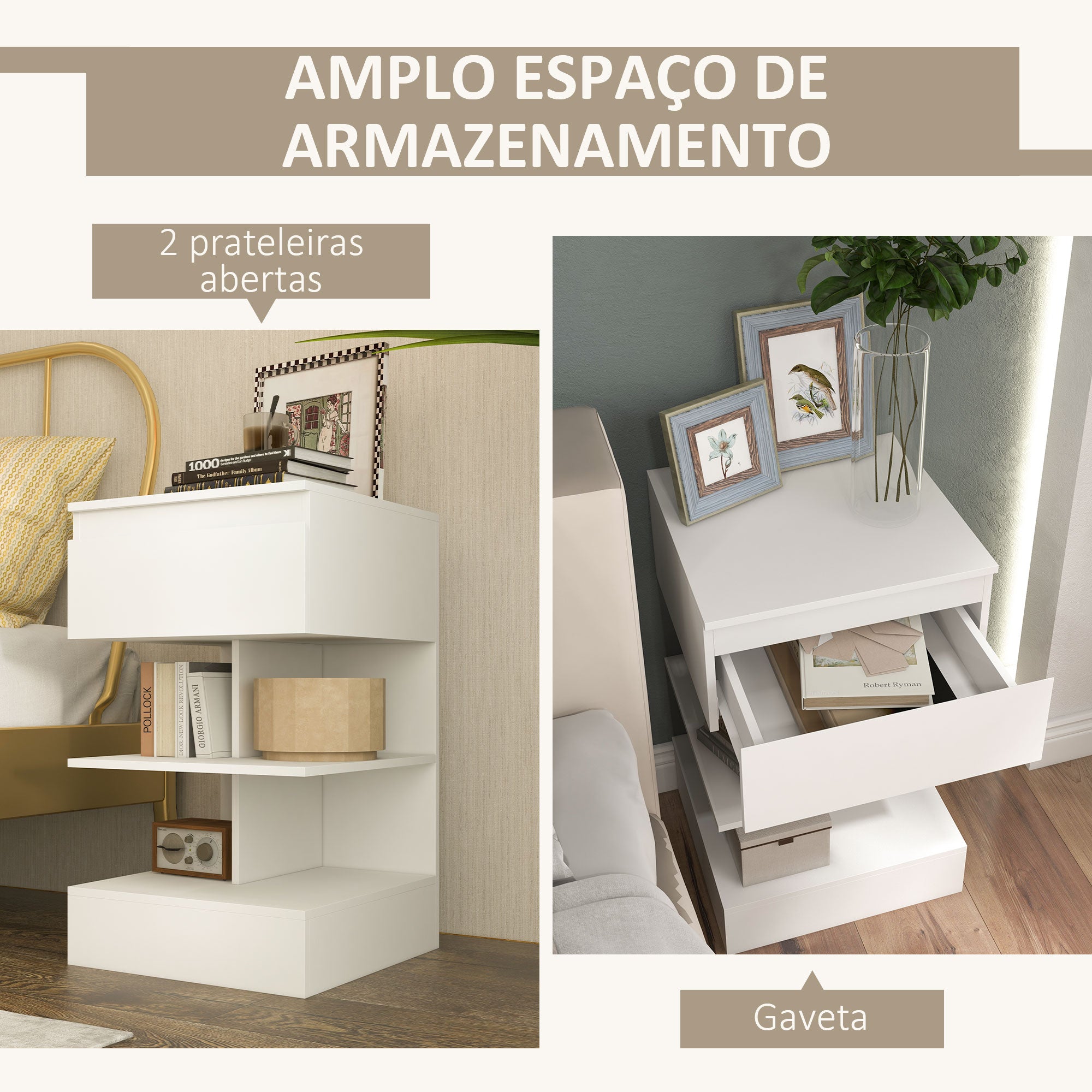 Mesa de Cabeceira Moderna Branca 39x39x65 cm