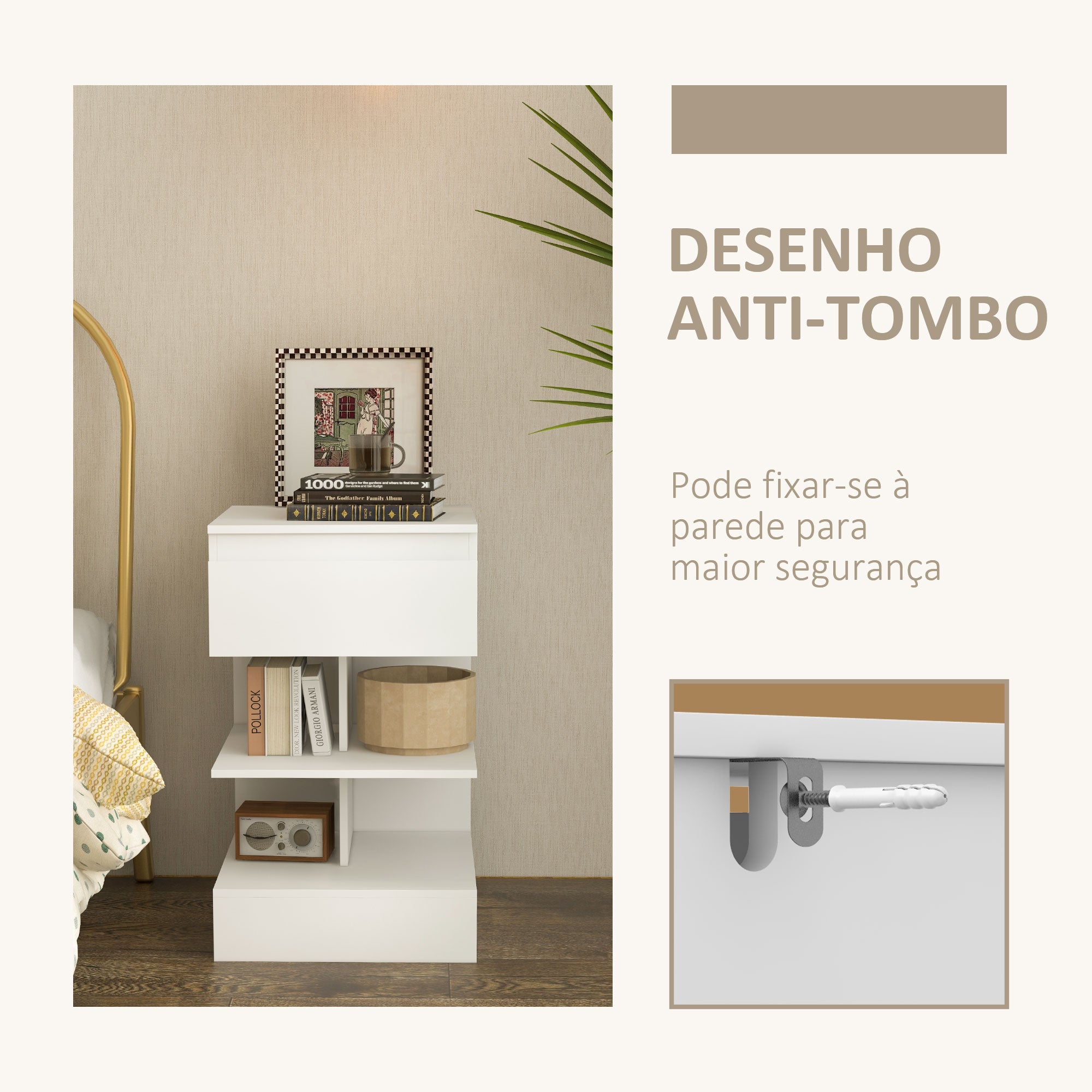 Mesa de Cabeceira Moderna Branca 39x39x65 cm