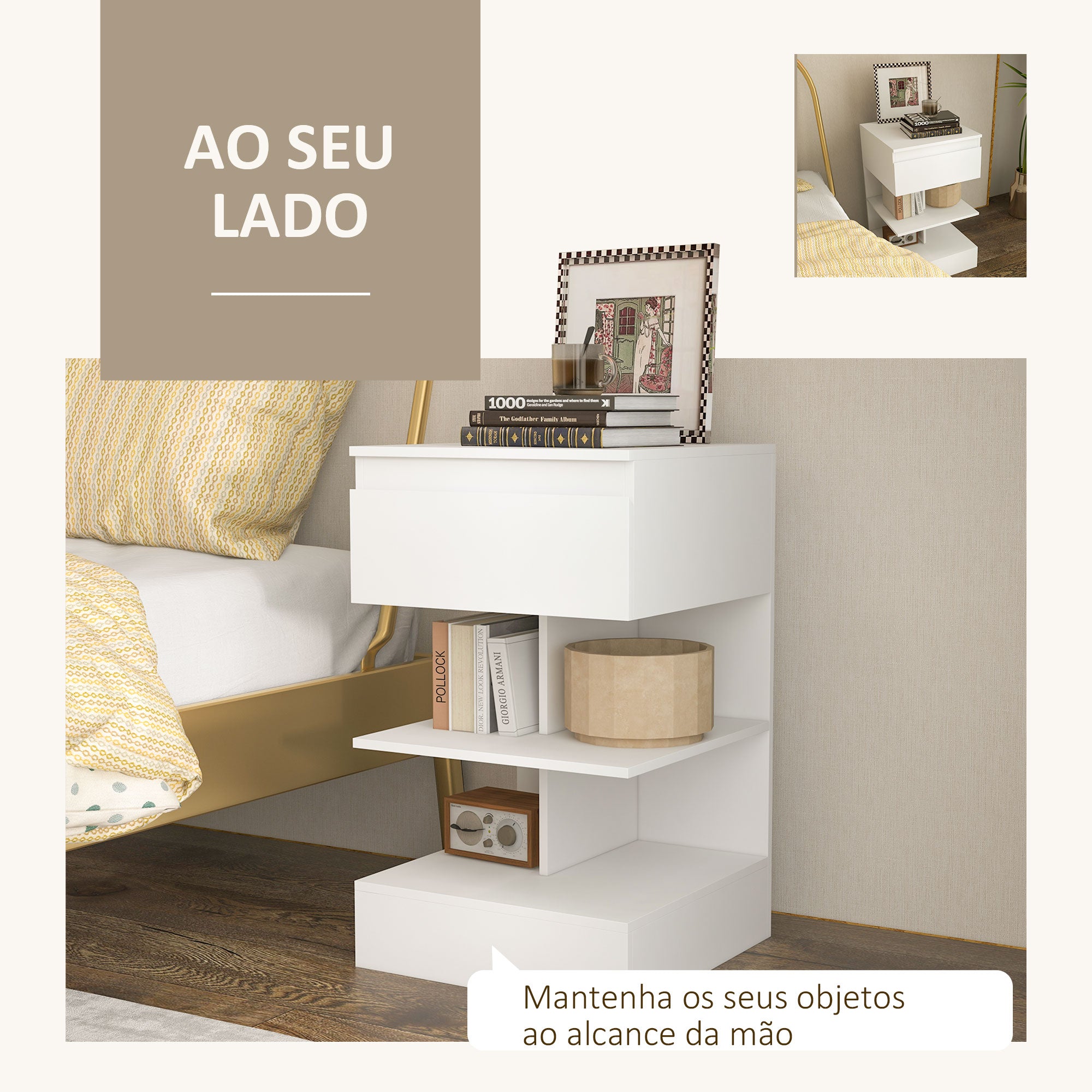 Mesa de Cabeceira Moderna Branca 39x39x65 cm