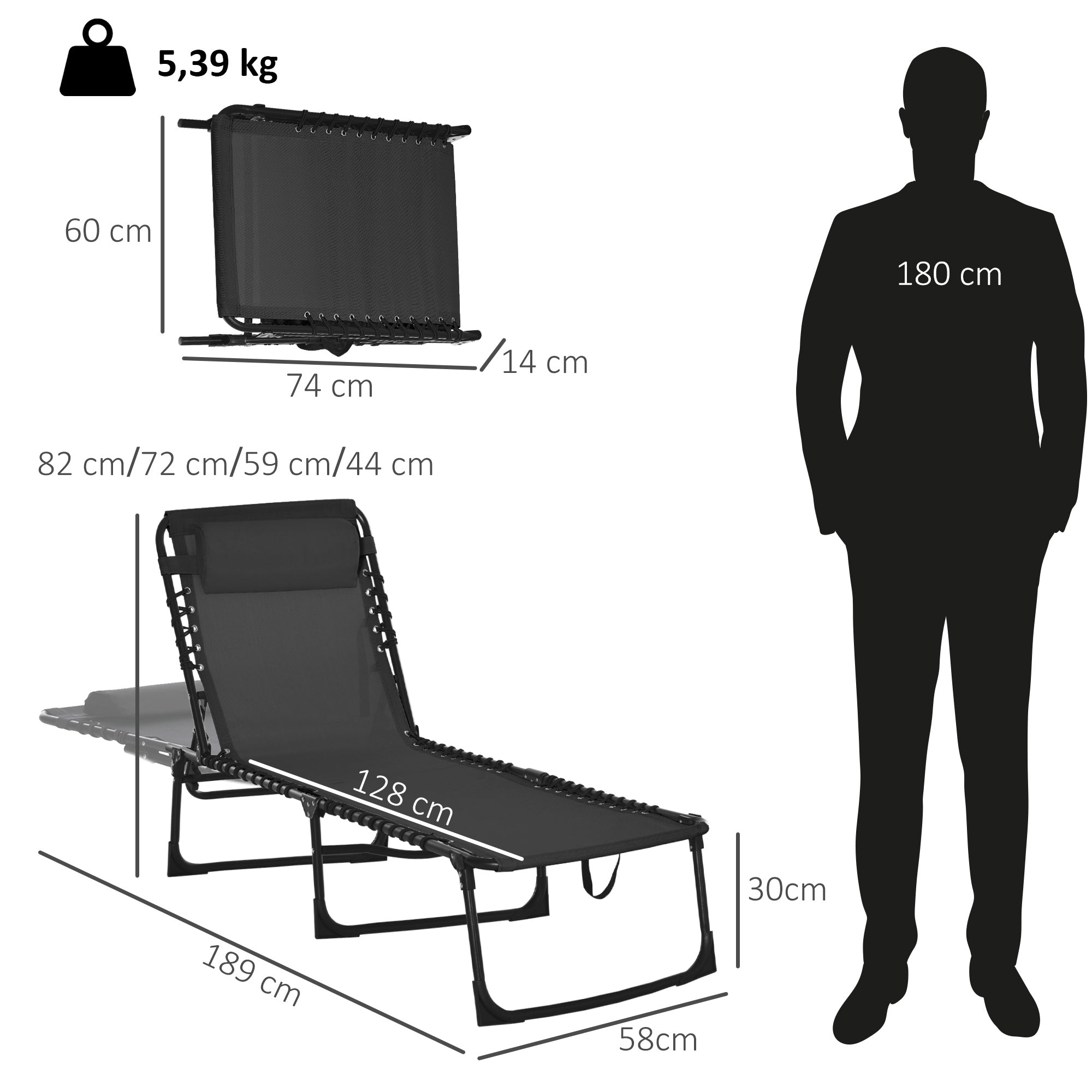 Espreguiçadeira Reclinável Preto 197x58x76cm - Estrutura de Aço