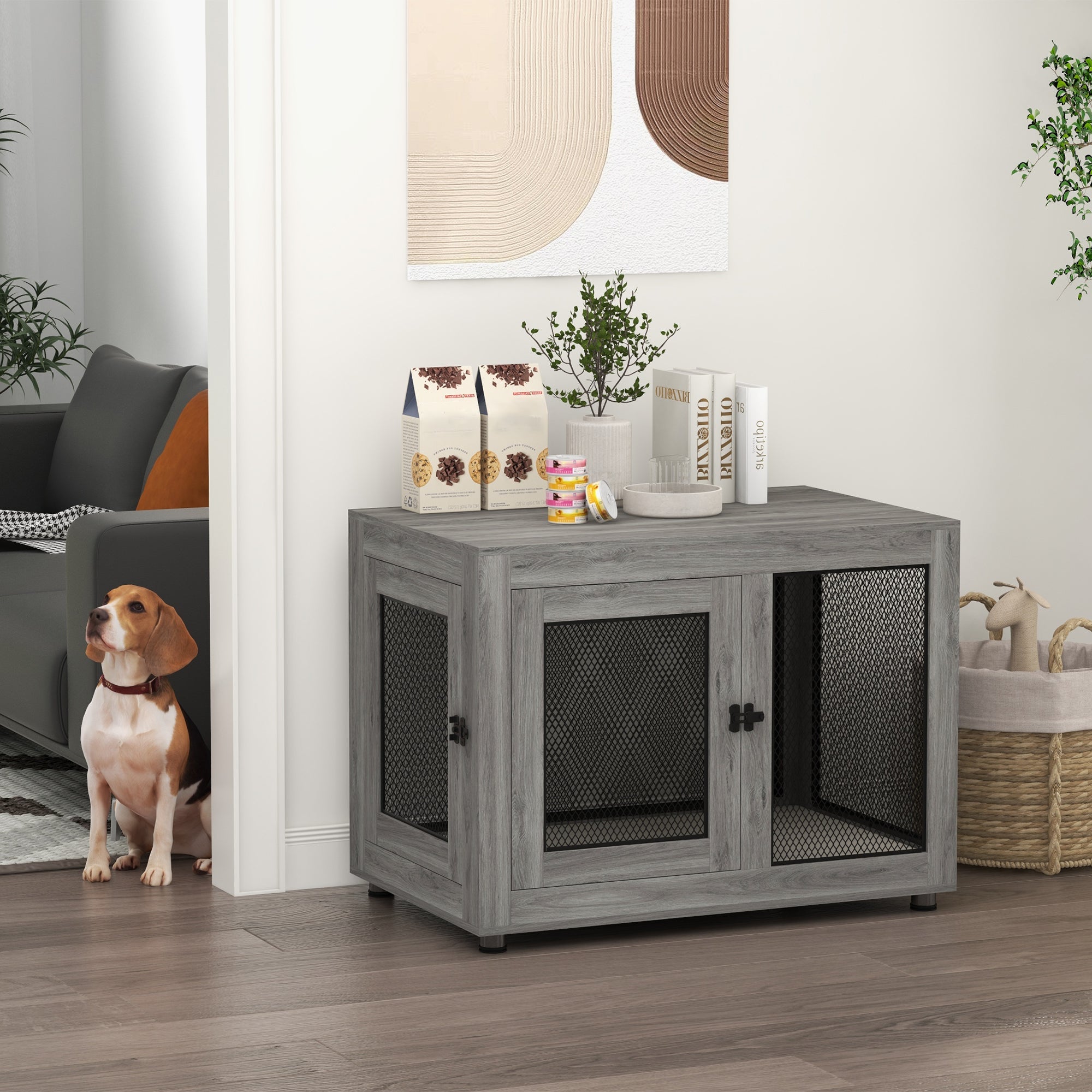 Gaiola Multifuncional para Cães – 94x60x71,5 cm – Cinzento – Aço, Aglomerado, Tecido Oxford, Espuma