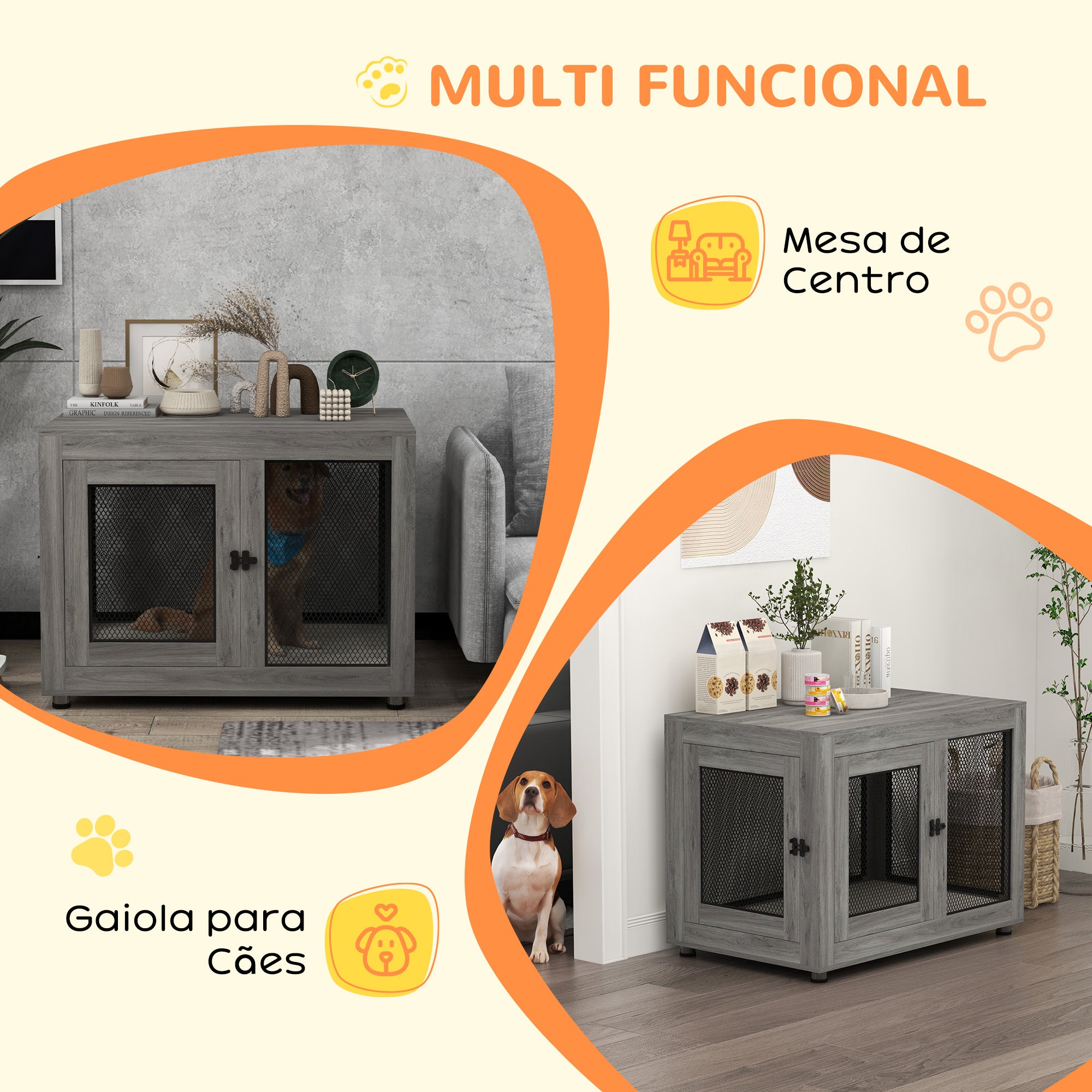 Gaiola Multifuncional para Cães – 94x60x71,5 cm – Cinzento – Aço, Aglomerado, Tecido Oxford, Espuma